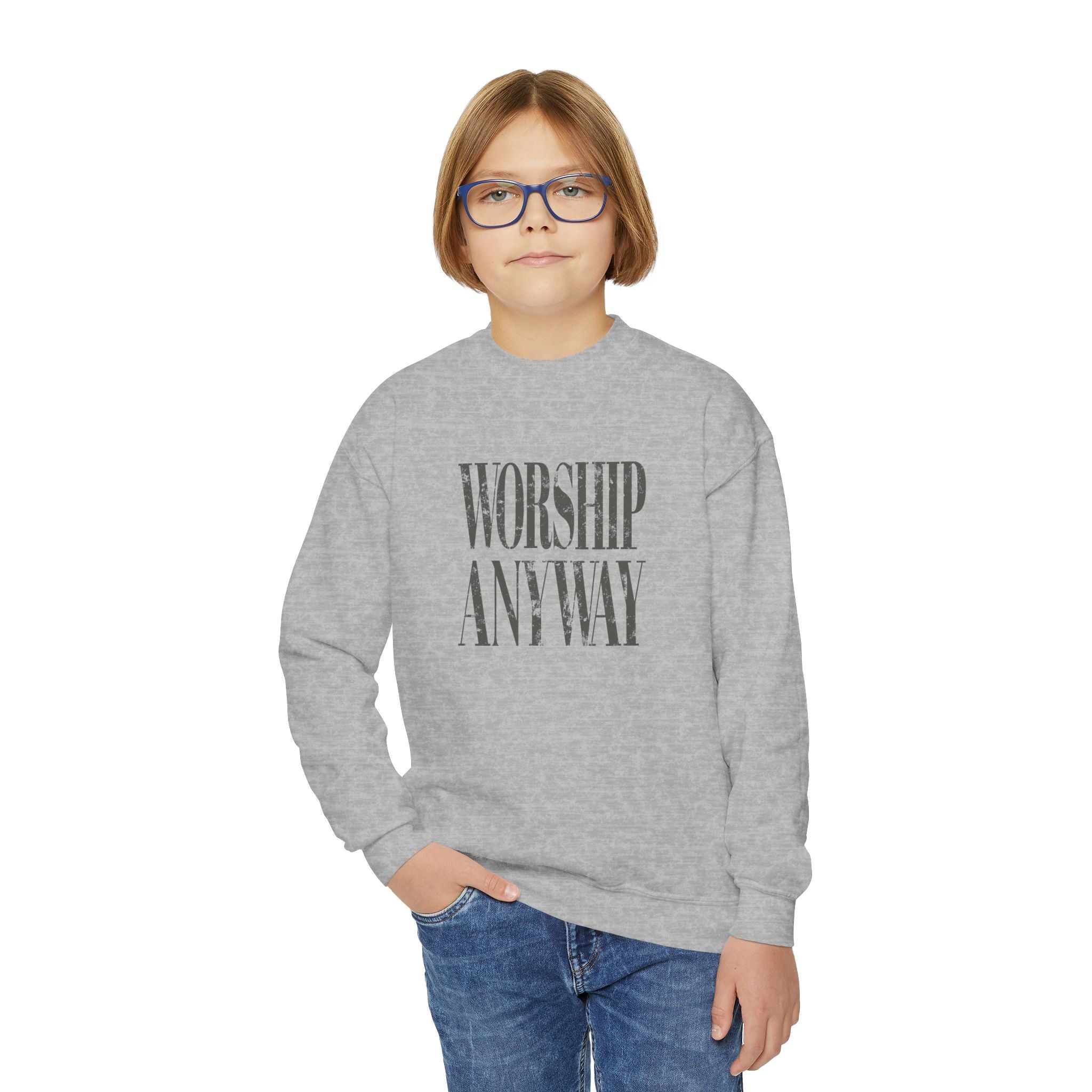 Youth Crewneck Sweatshirt – 'Worship Anyway' Inspirational Graphic Pullover