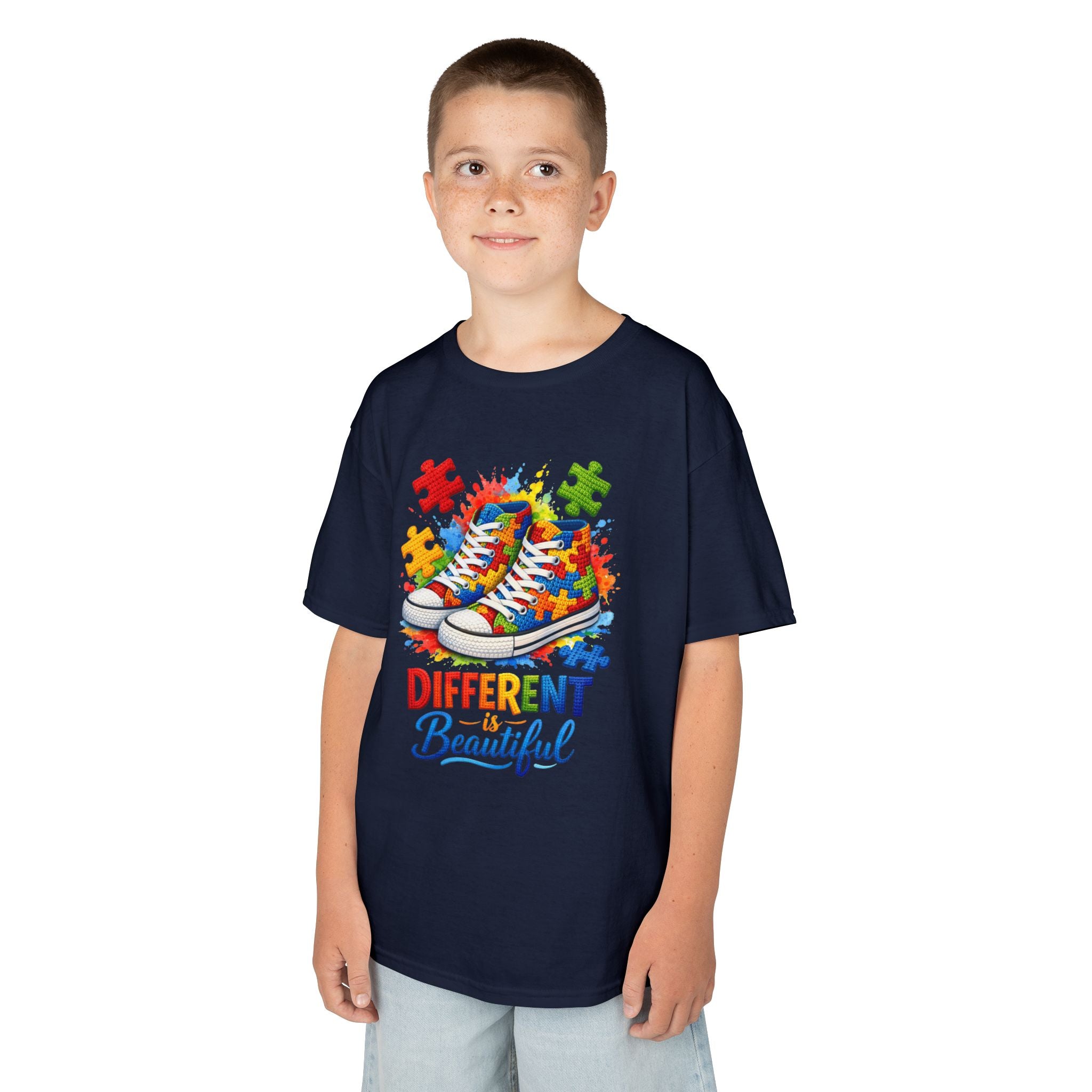 Kids T‑Shirt — 'Different Beautiful' Autism Awareness Sneakers Design