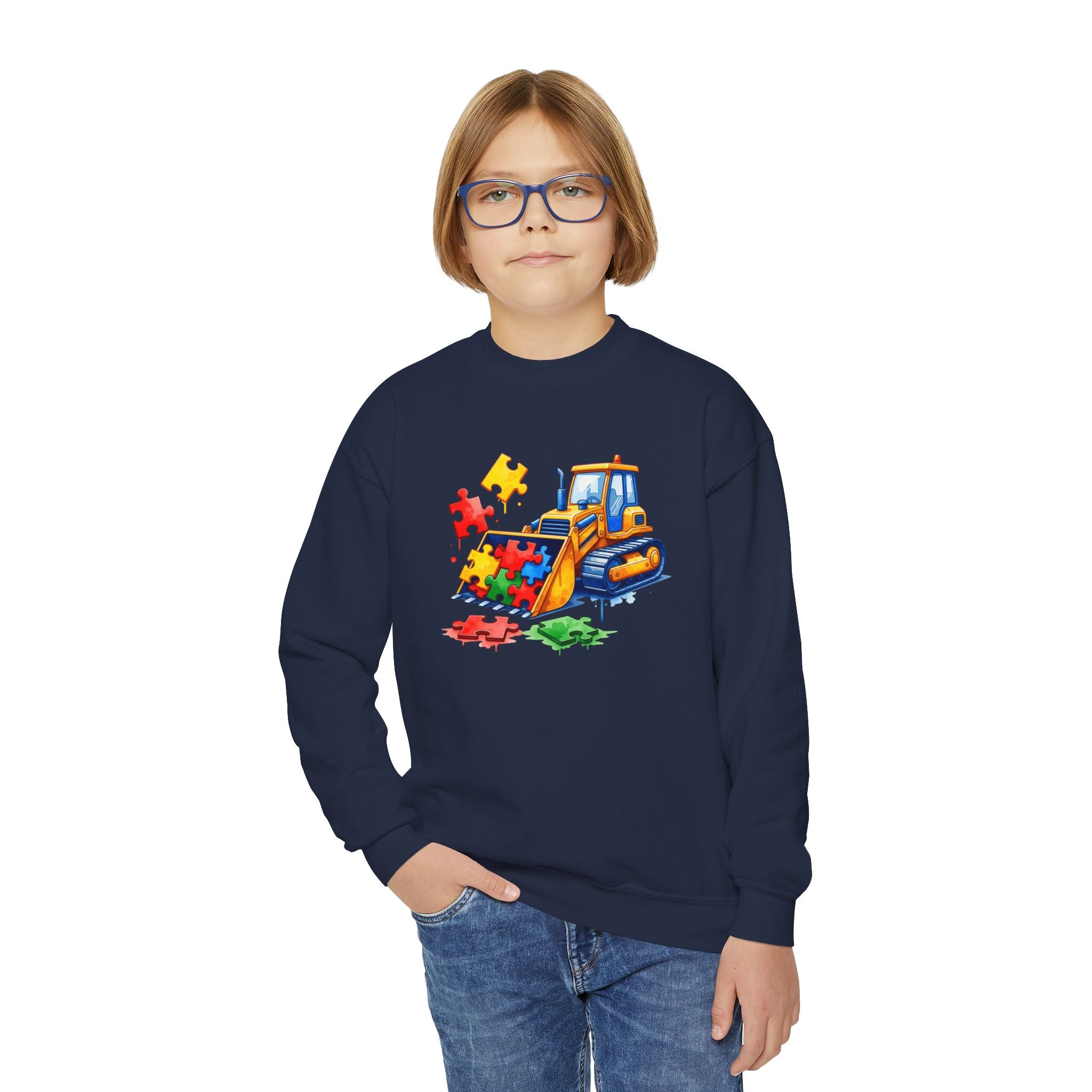 Kids Bulldozer Autism Puzzle Crewneck Sweatshirt