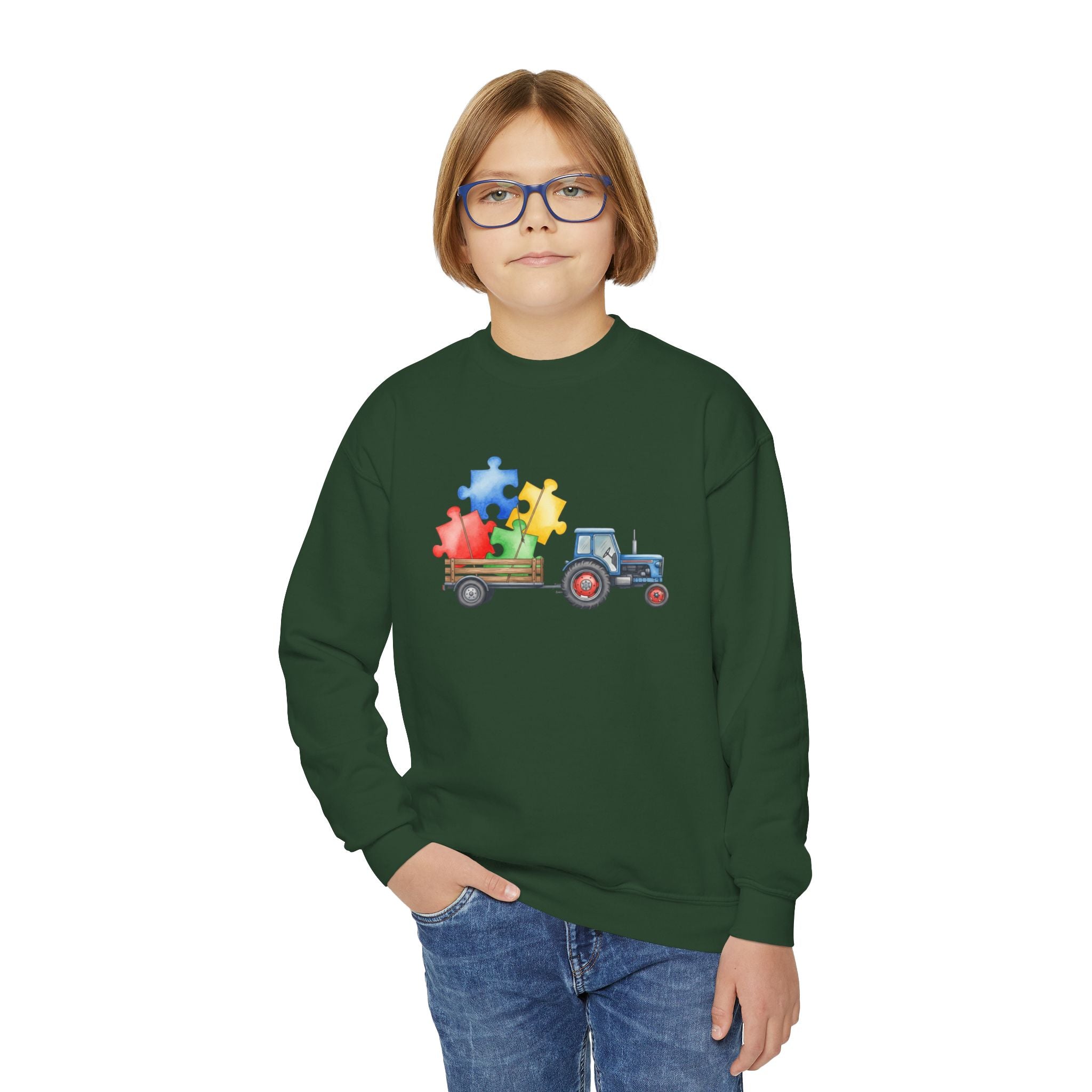 Youth Crewneck Sweatshirt – Tractor with Colorful Puzzle Pieces Kids Pullover (Autism Awareness)
