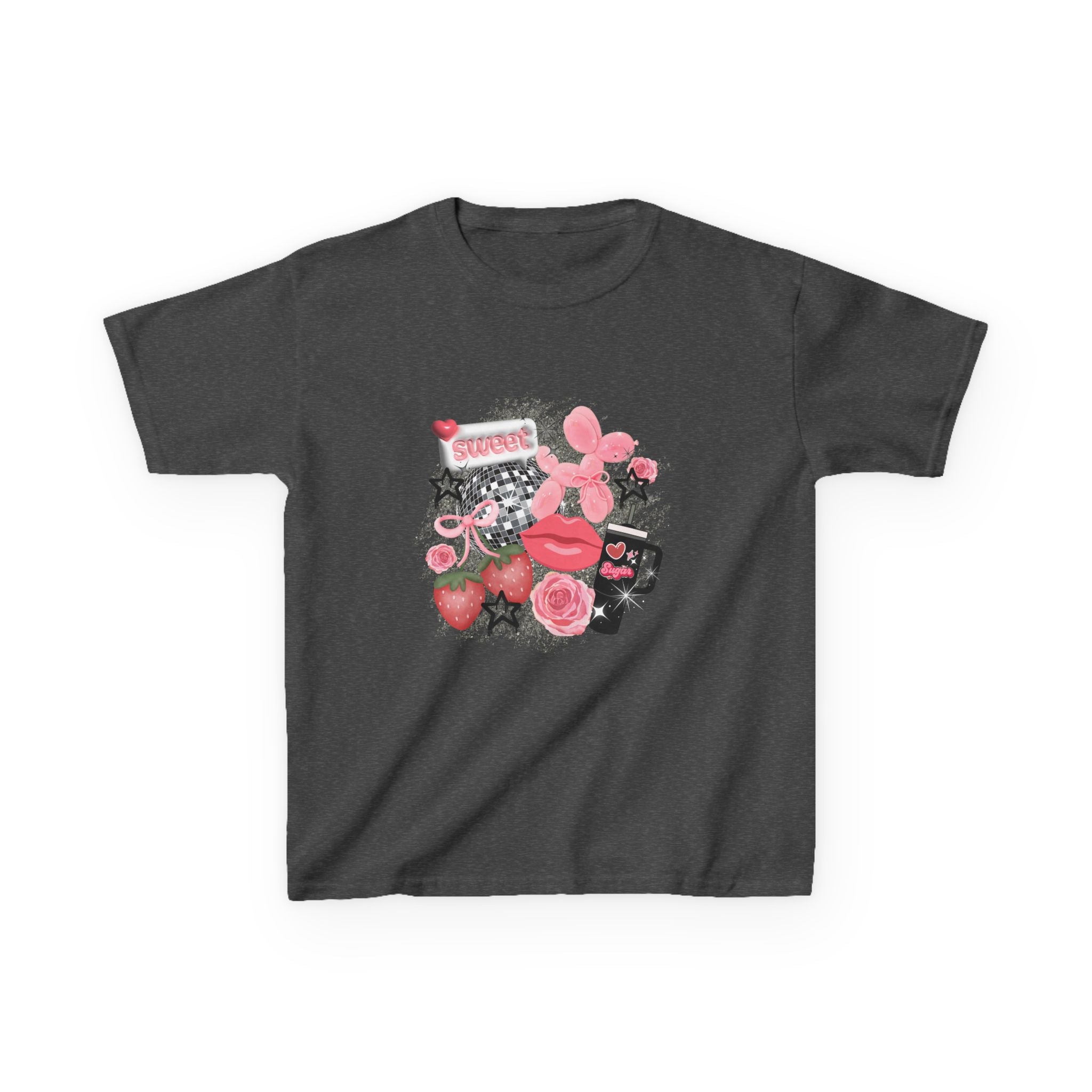 Kids Tee — Pink Floral Sticker Collage (Strawberries, Lips & Gadgets)