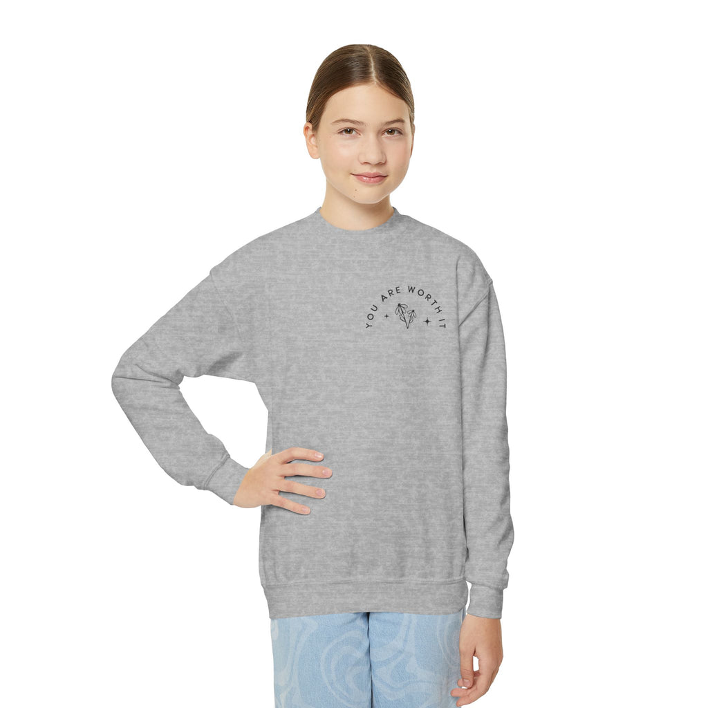 Youth Crewneck Sweatshirt — "You Are Worthy" Floral Graphic Sweatshirt
