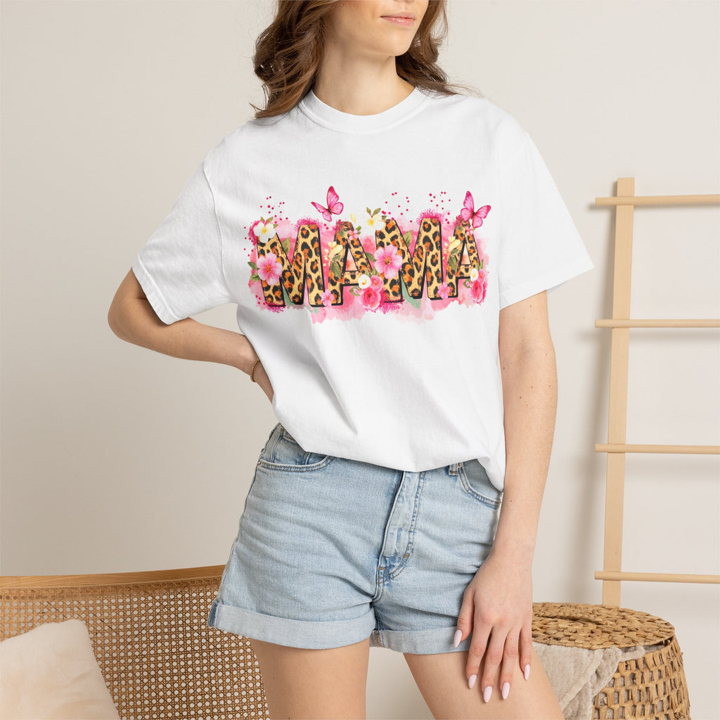 Mama Floral Leopard Graphic Tee — 'MAMA' Pink Butterfly Mother's Day T‑Shirt