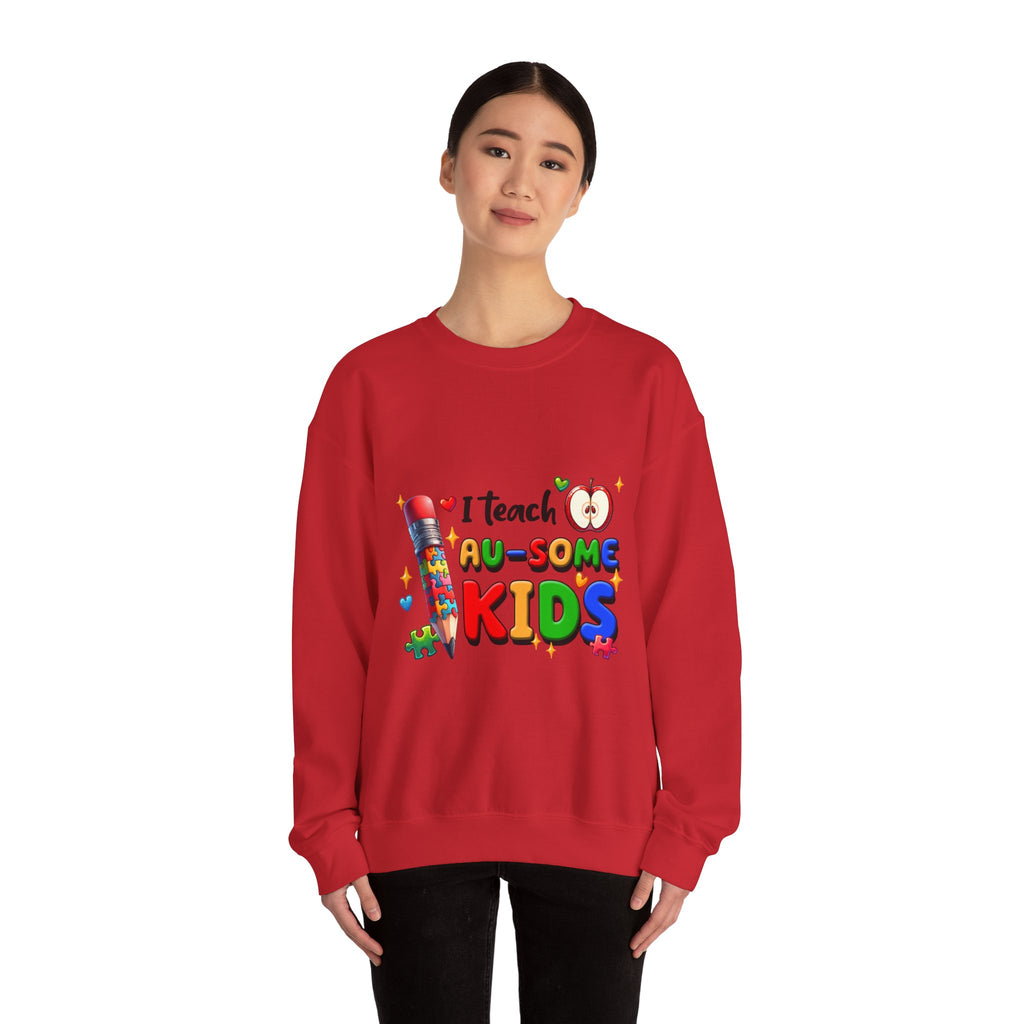 Teacher Crewneck Sweatshirt — “I Teach Au-some Kids” Colorful Autism Awareness Design