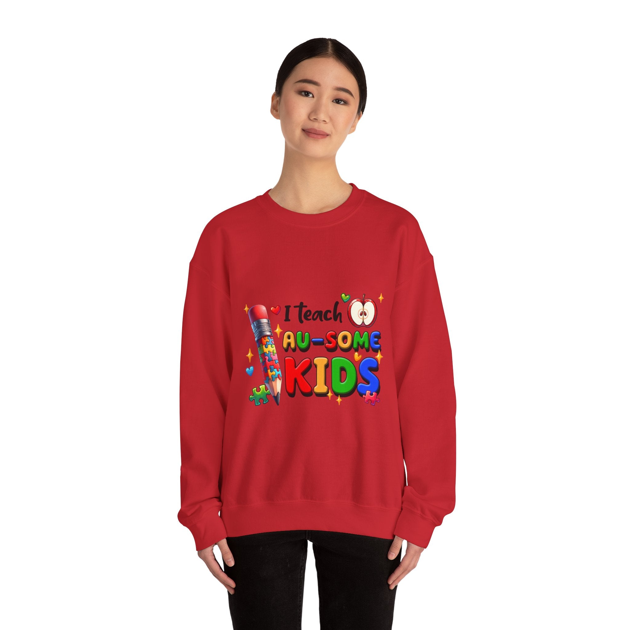 Teacher Crewneck Sweatshirt — “I Teach Au-some Kids” Colorful Autism Awareness Design