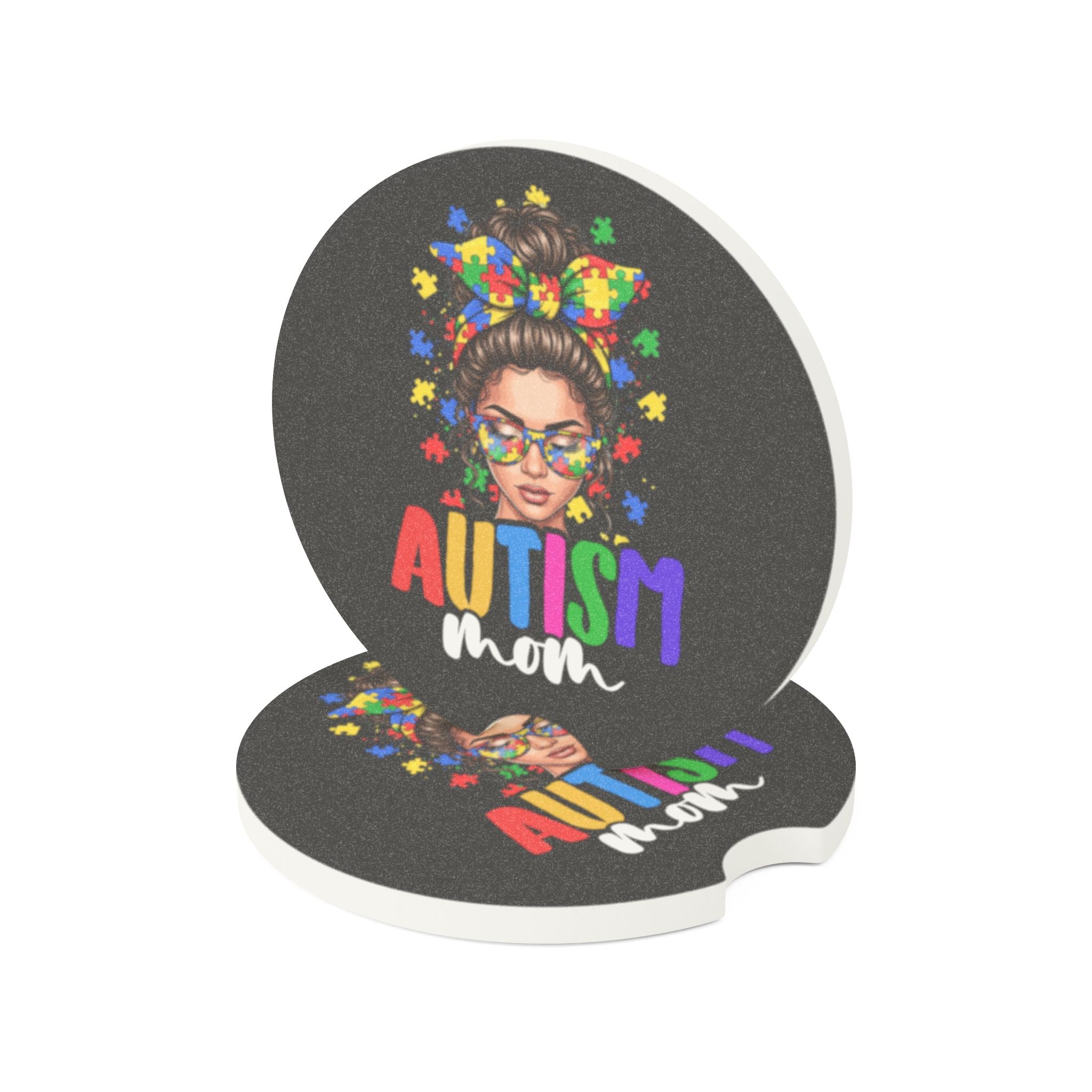Autism Mom Soapstone Car Coaster — Puzzle Ribbon Support Travel Cup Holder Insert