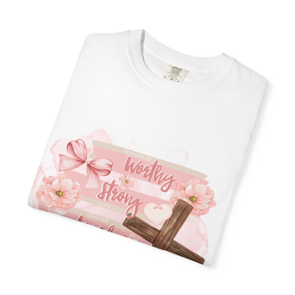 Christian Inspirational T-Shirt — "Worthy Strong Loved Beautiful" Cross & Bible Design