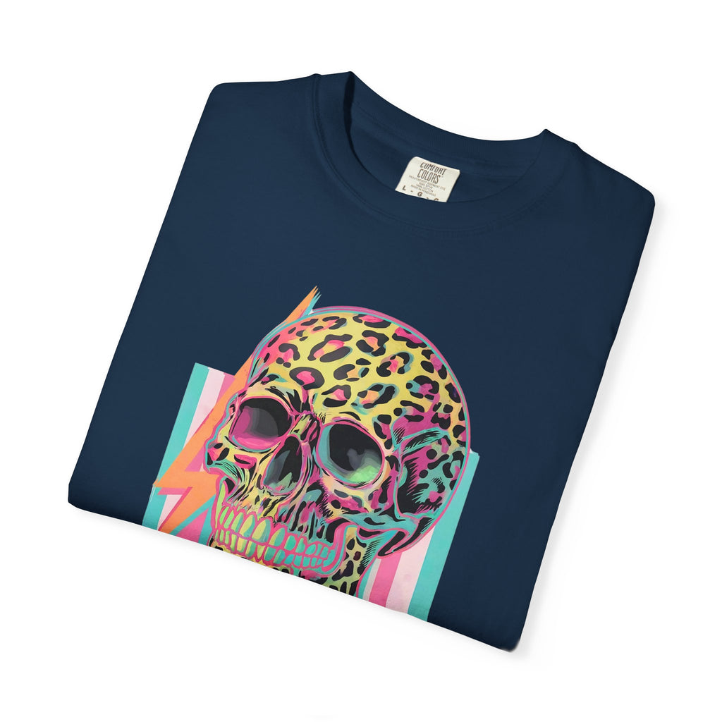 Stressed Since Birth T-Shirt — Neon Leopard Skull Graphic Tee