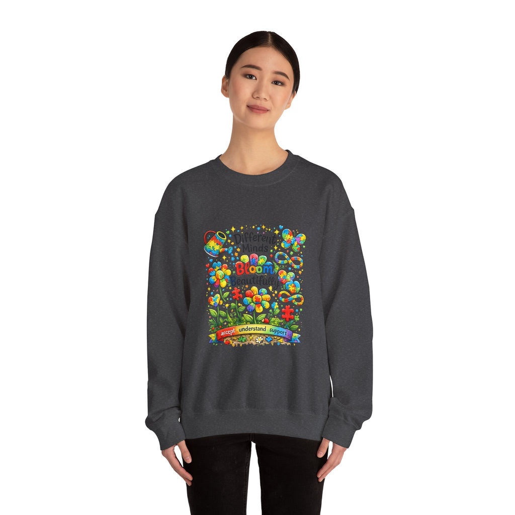 Autism Awareness Crewneck Sweatshirt — “Different Minds Bloom Beautifully” Colorful Puzzle Flower Design