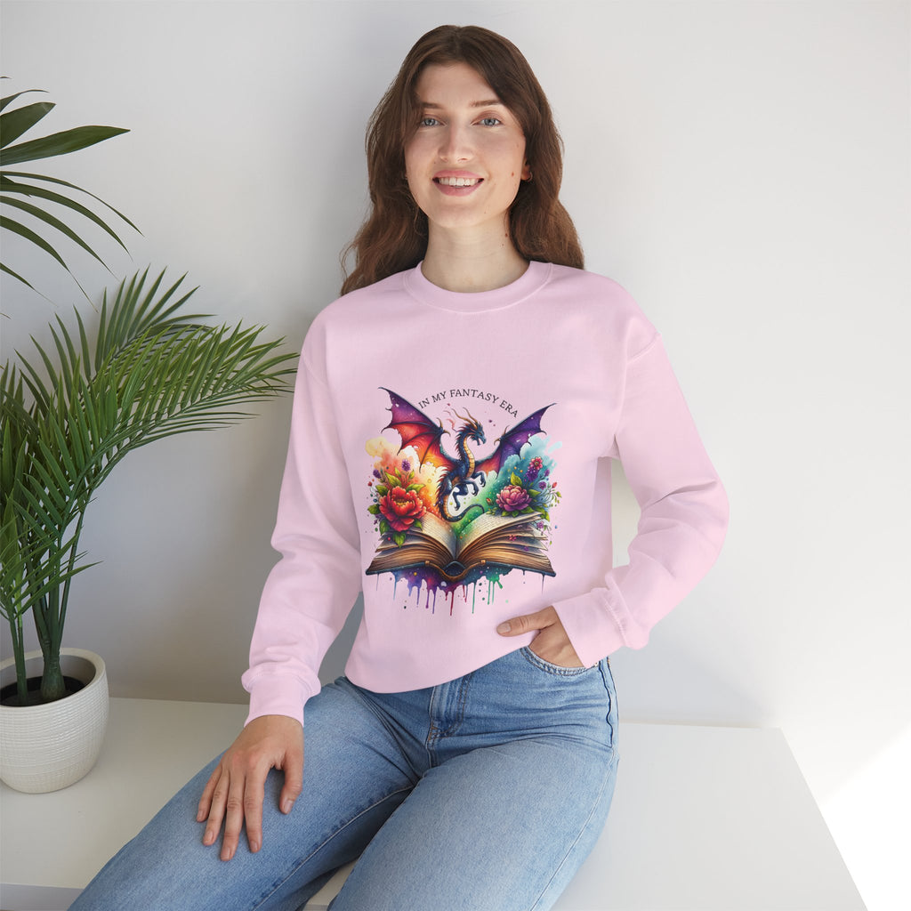 Crewneck Sweatshirt — Fantasy Dragon Emerging From Open Book with Flowers