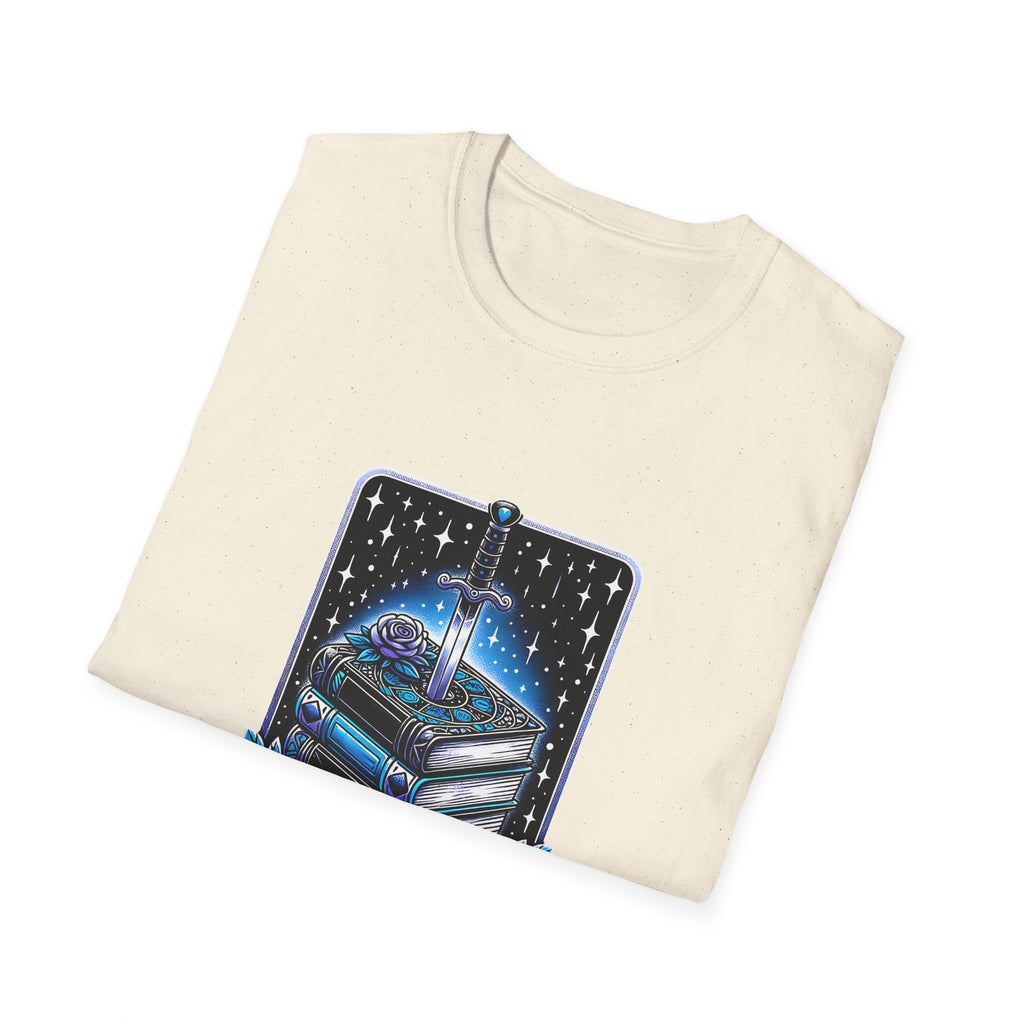 Fantasy Book Club T-Shirt — Stacked Books & Sword Night Sky Design