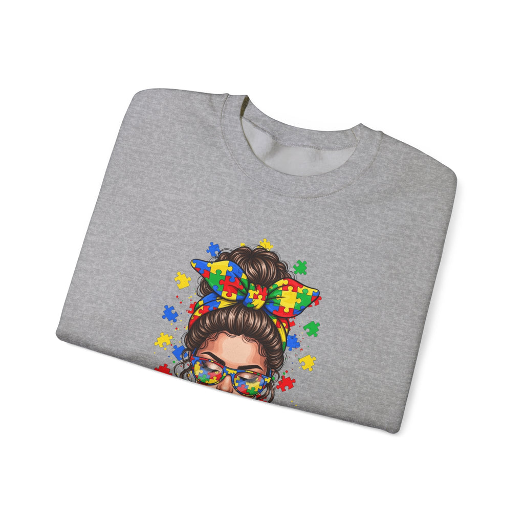 Autism Pride Crewneck Sweatshirt – Colorful Puzzle Ribbon Girl Design