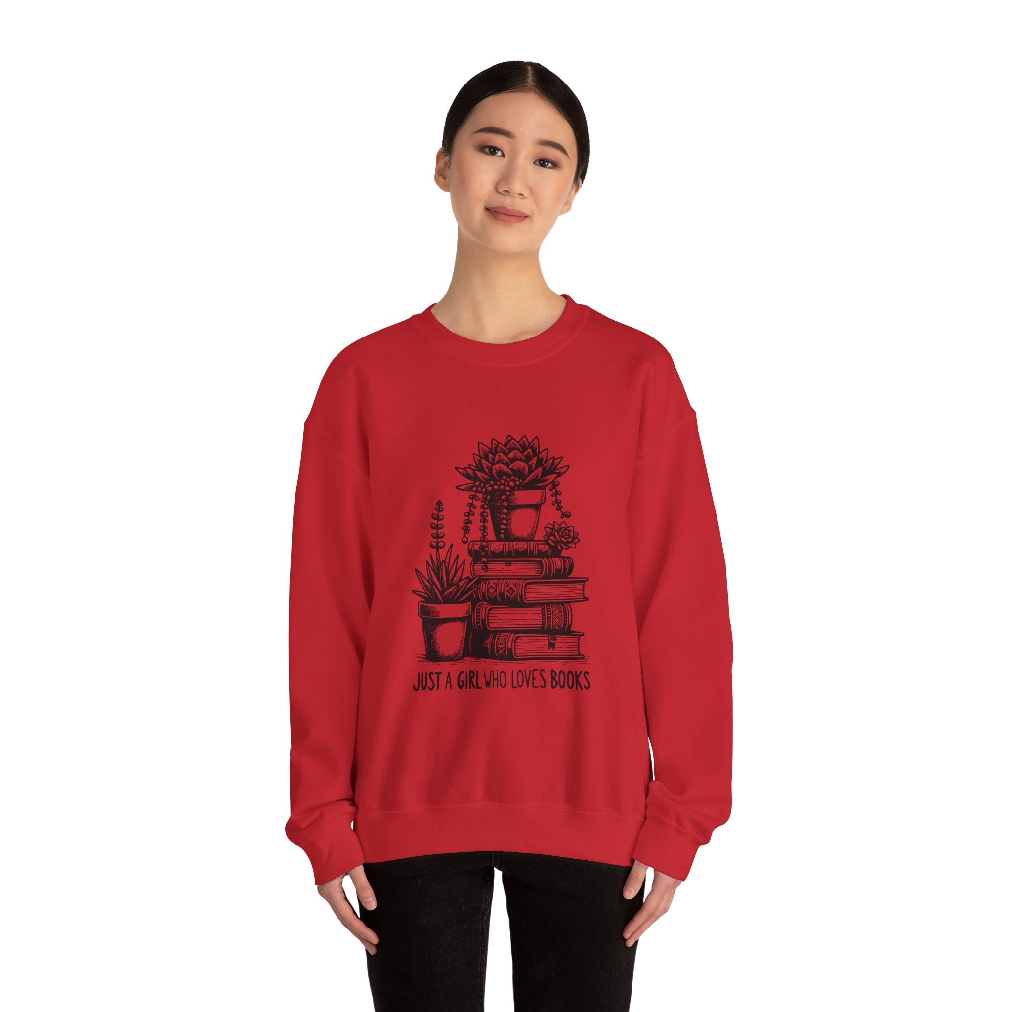 Book Lover Sweatshirt — “Just a Girl Who Loves Books” Cozy Crewneck with Succulent Stack Design