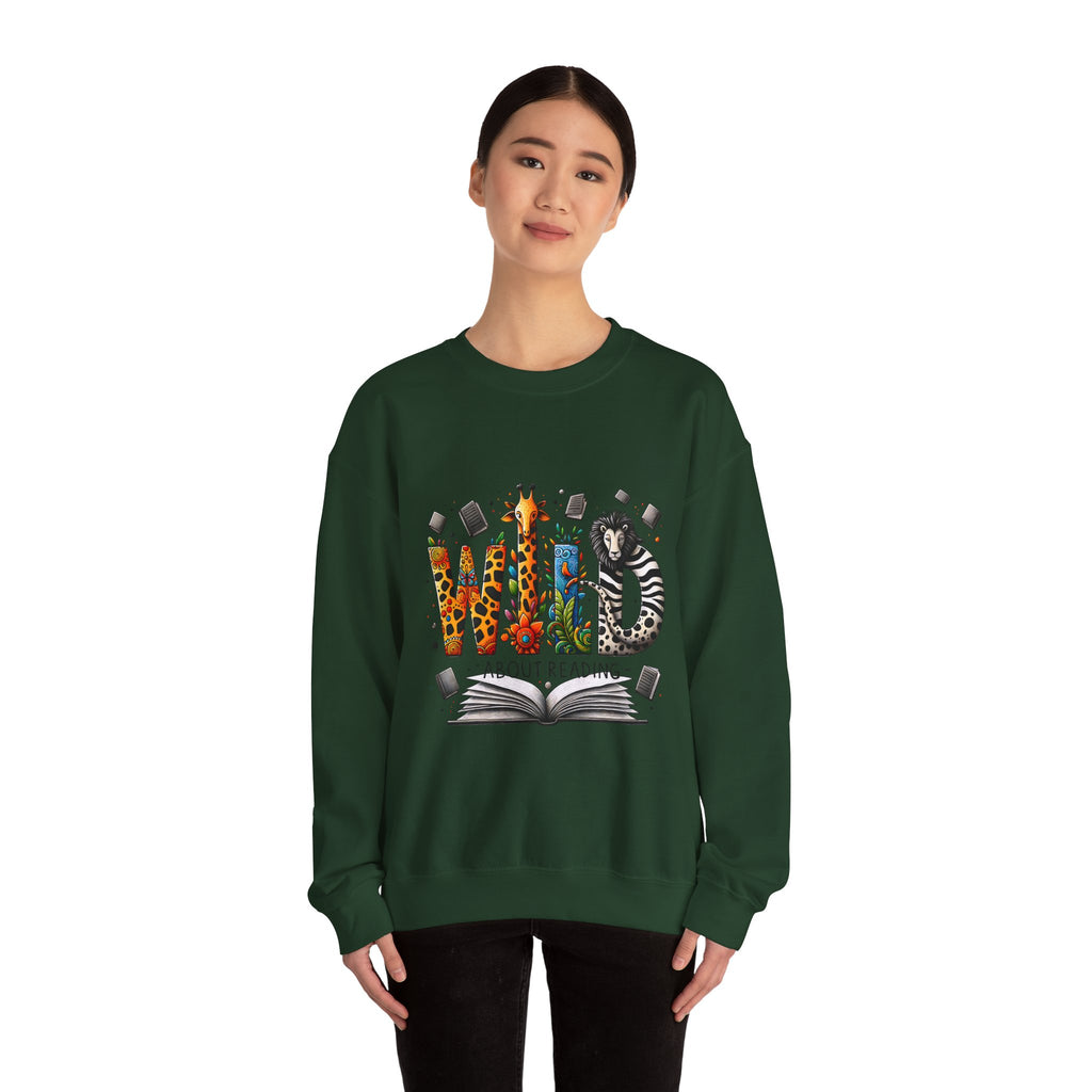 Sweatshirt — "Wild About Reading" Animal Letters Book Lover Crewneck
