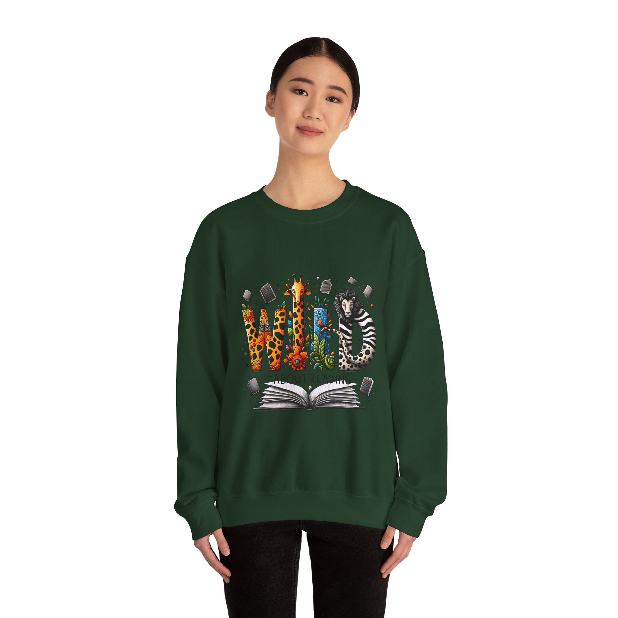 Sweatshirt — "Wild About Reading" Animal Letters Book Lover Crewneck