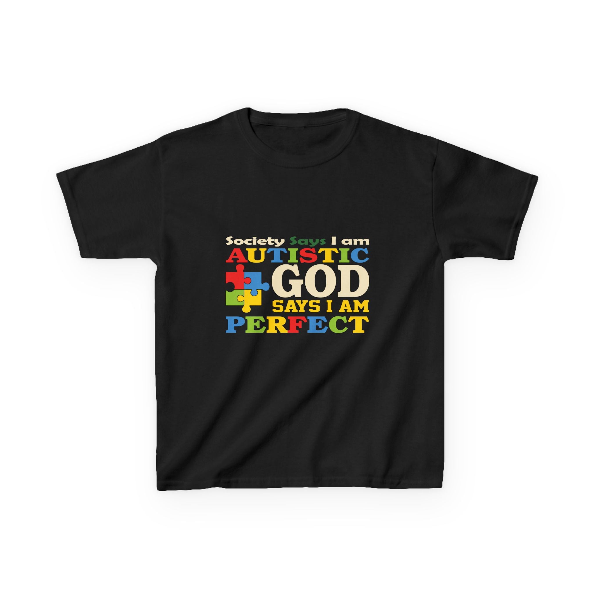Kids Tee — "Autistic Says God Says I Am Perfect" Rainbow Puzzle Piece Autism Awareness Shirt