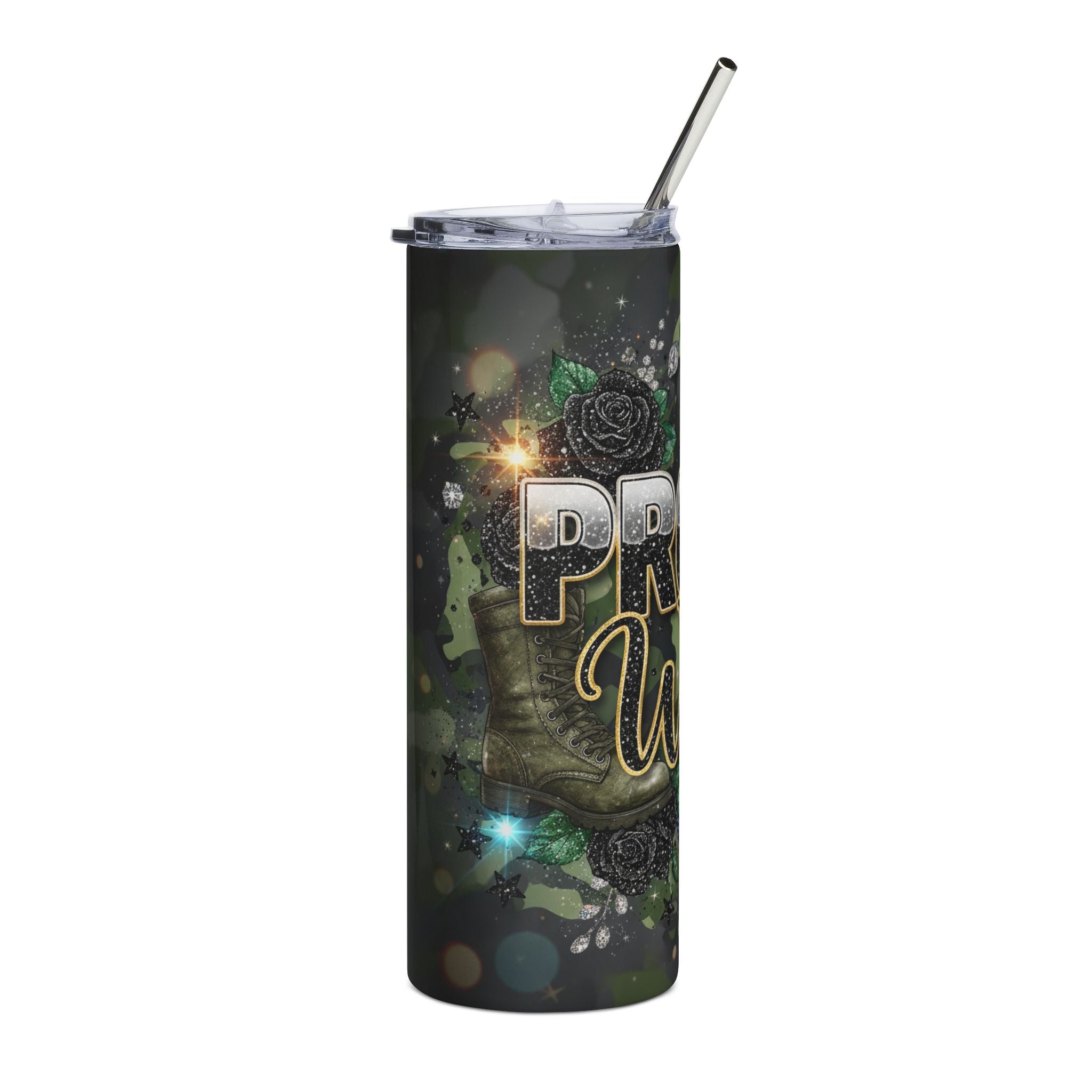 Proud Military Wife 20oz Stainless Steel Tumbler - Camo Flag Design
