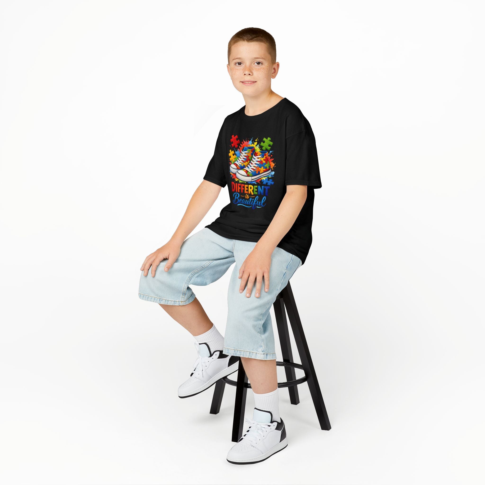 Kids T‑Shirt — 'Different Beautiful' Autism Awareness Sneakers Design
