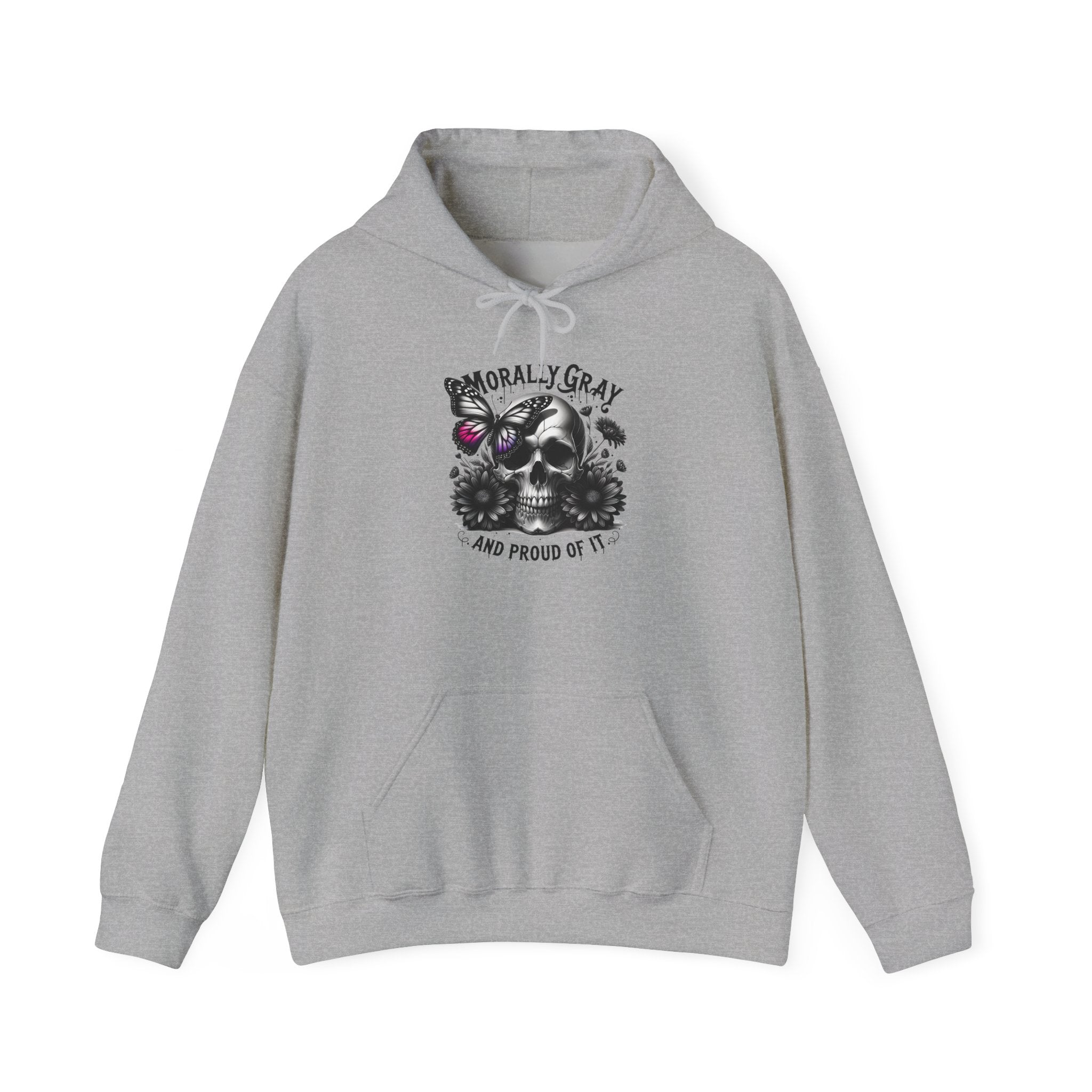 Hoodie — "Morally Gray and Proud of It" Skull & Butterfly Graphic