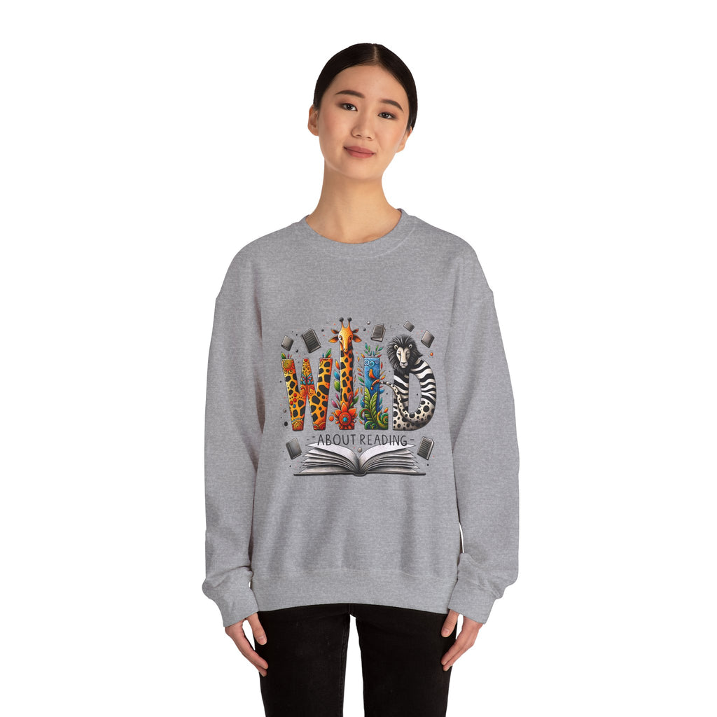 Sweatshirt — "Wild About Reading" Animal Letters Book Lover Crewneck