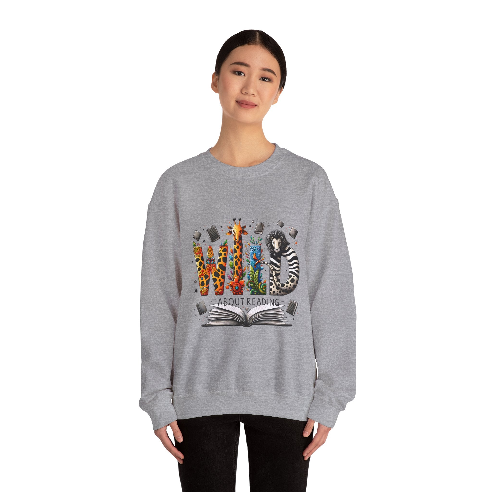 Sweatshirt — "Wild About Reading" Animal Letters Book Lover Crewneck