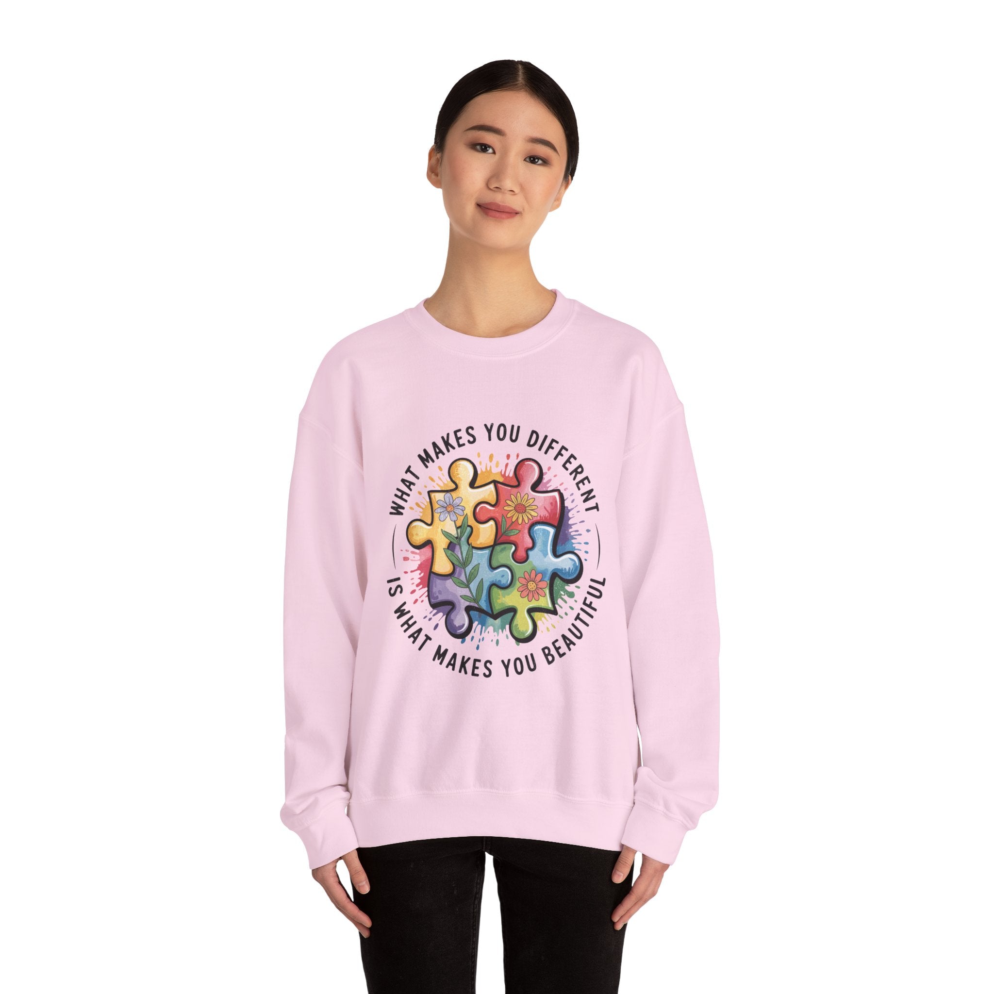 Autism Awareness Crewneck Sweatshirt — “What Makes You Different Is What Makes You Beautiful”