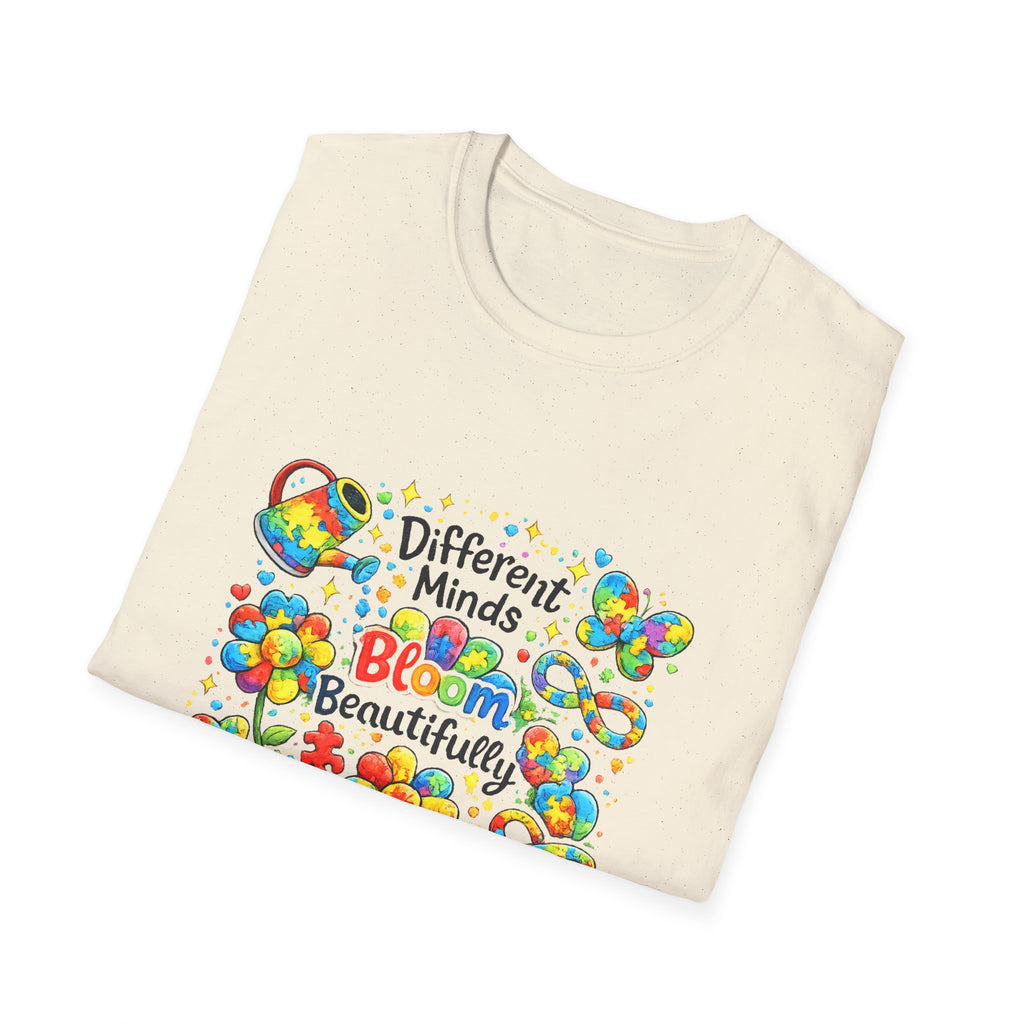 Autism Awareness T-Shirt – "Different Minds Bloom Beautifully" Colorful Puzzle Heart Design