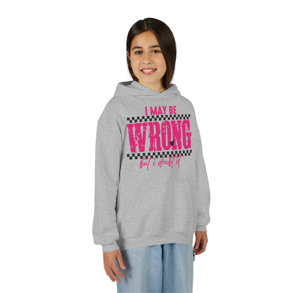Youth Hoodie — "I May Be Wrong (But I Doubt It)" Pink Checker Graphic