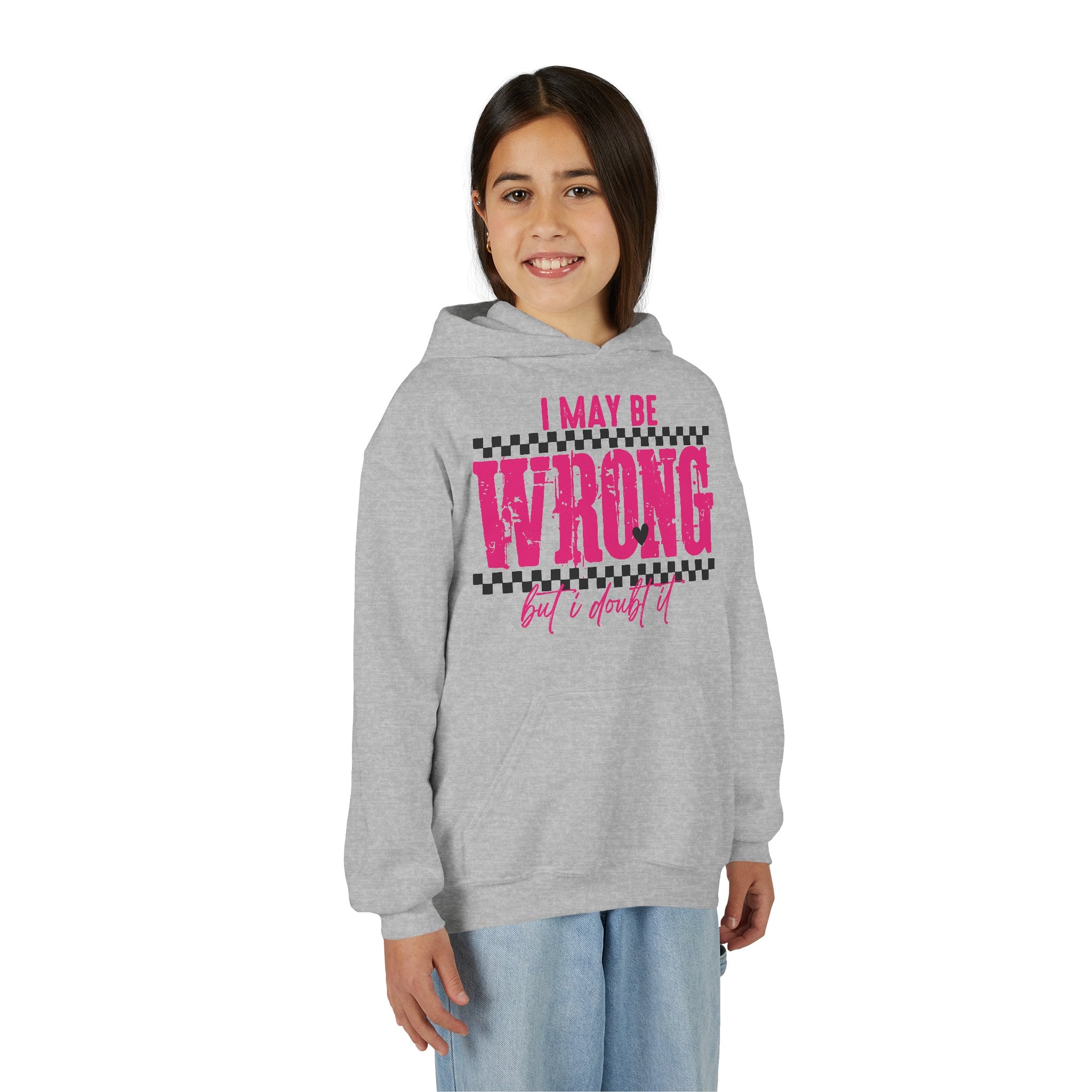 Youth Hoodie — "I May Be Wrong (But I Doubt It)" Pink Checker Graphic