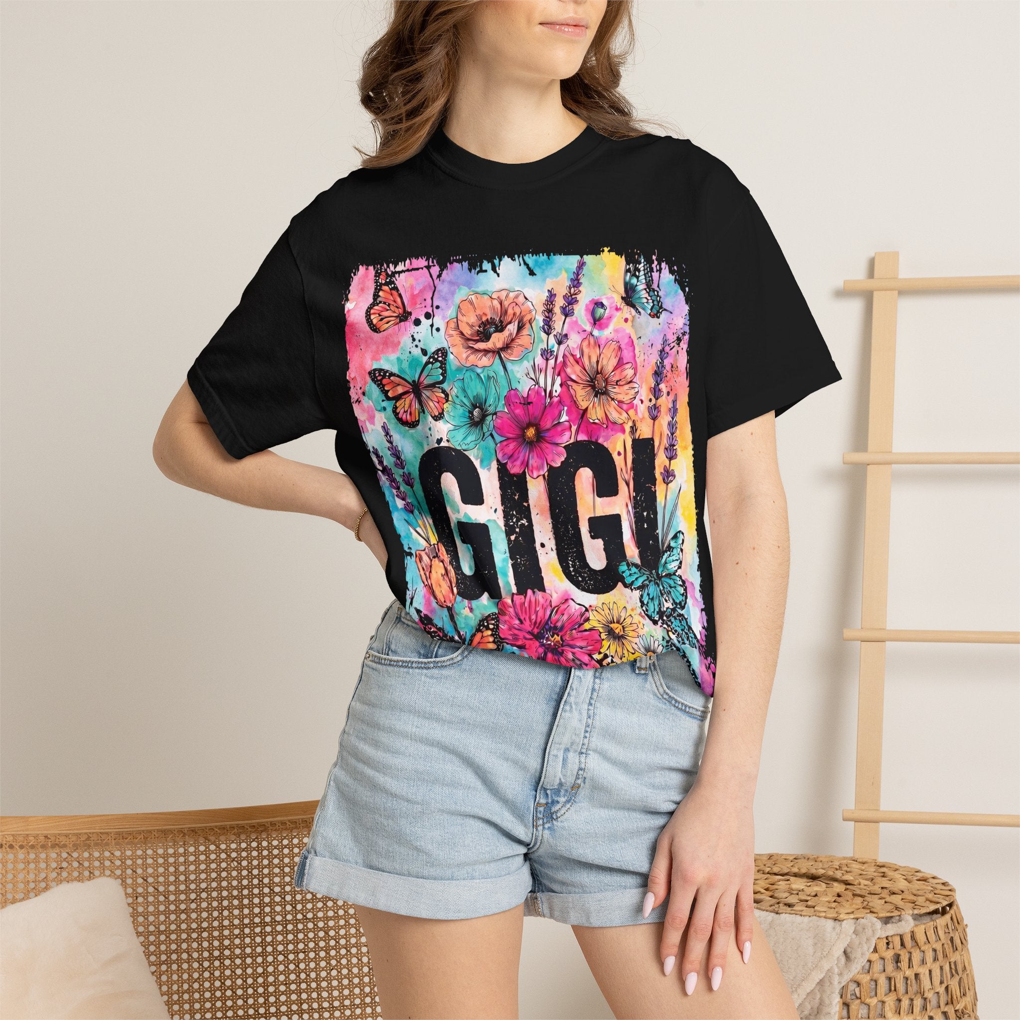 Gigi Floral Graphic T-Shirt — Colorful Butterflies & Flowers Gift Tee
