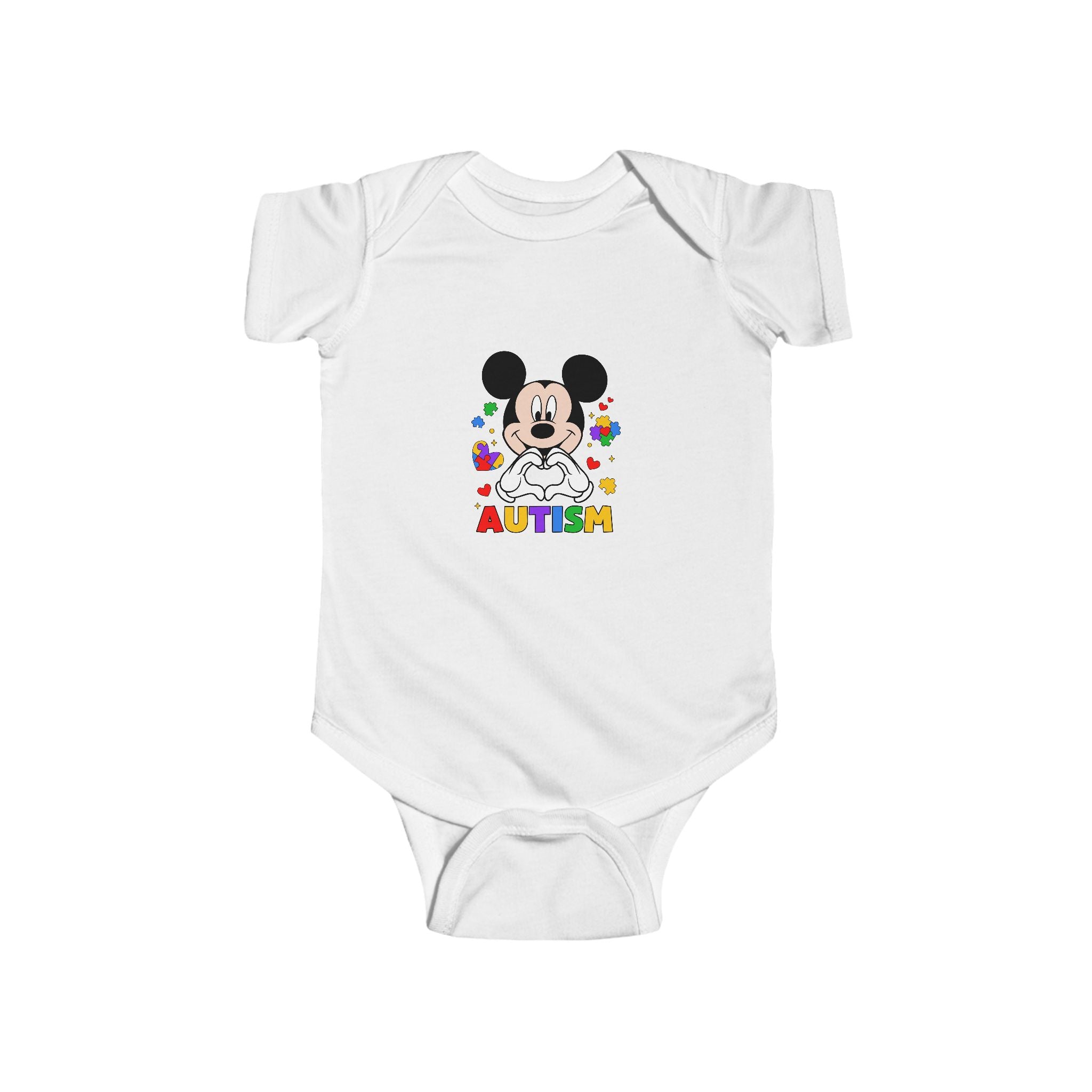 Autism Awareness Baby Bodysuit — Colorful Puzzle Heart Mickey-Inspired Design