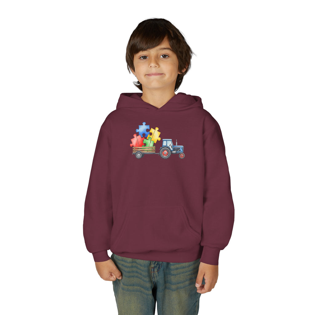 Kids Tractor Hoodie with Colorful Puzzle Pieces — Autism Awareness Youth Sweatshirt