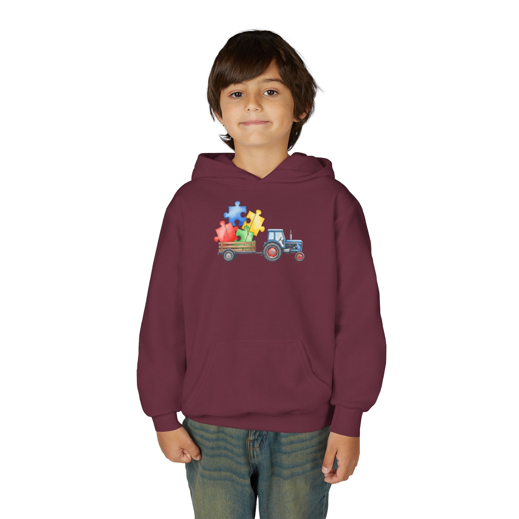 Kids Tractor Hoodie with Colorful Puzzle Pieces — Autism Awareness Youth Sweatshirt