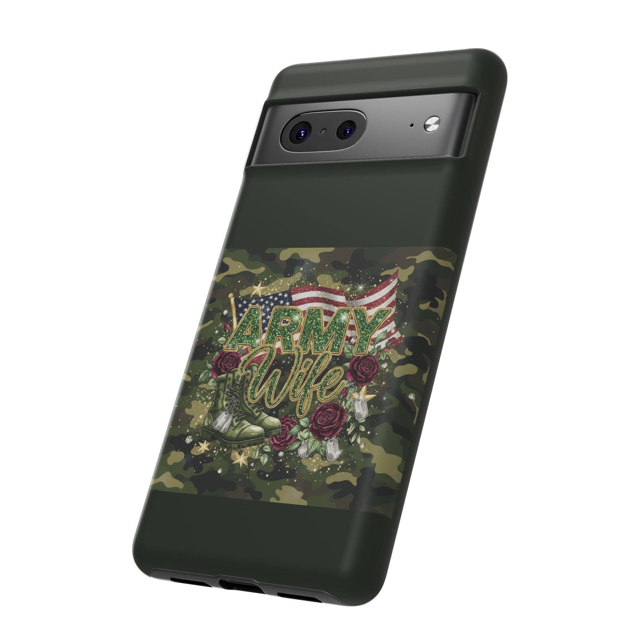 Army Wife Tough Phone Case — Camo Flag Design with Roses