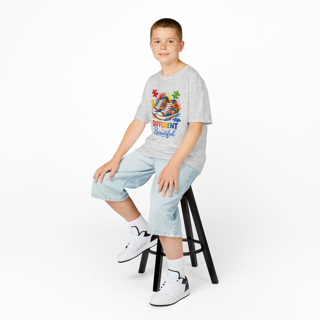 Kids T‑Shirt — 'Different Beautiful' Autism Awareness Sneakers Design