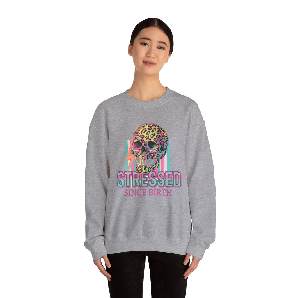 Stressed Since Birth Skull Crewneck Sweatshirt — Retro Neon Leopard Skull Pullover