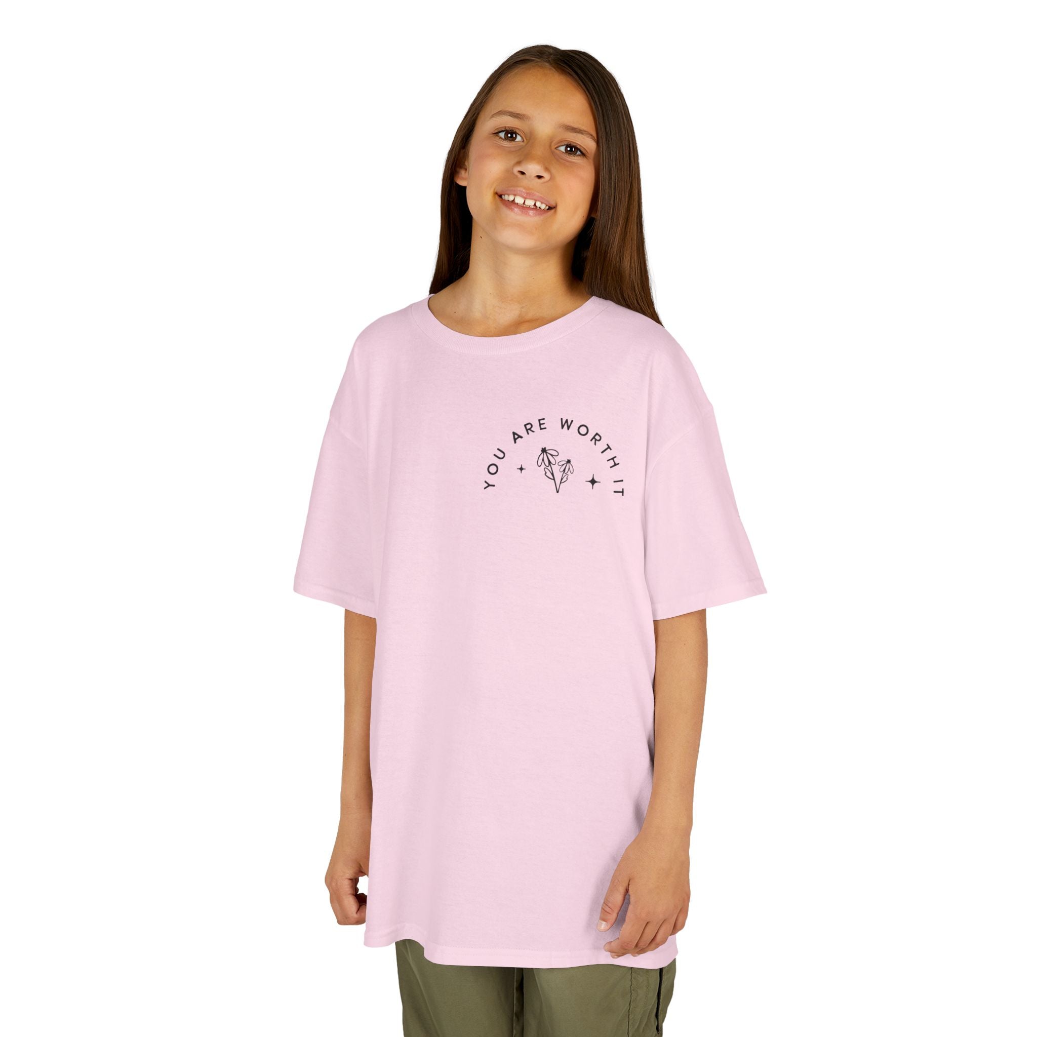 Kids Tee — “You Are Worth It” Minimal Floral Comfort Shirt
