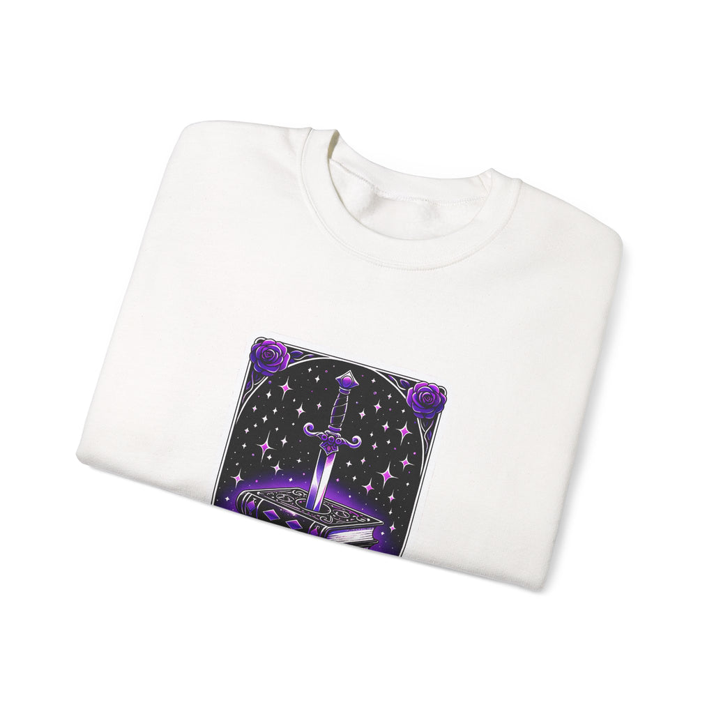 Crewneck Sweatshirt — The Bookish Witch: 'The Enchanted Book Club' Purple Sword & Books Graphic