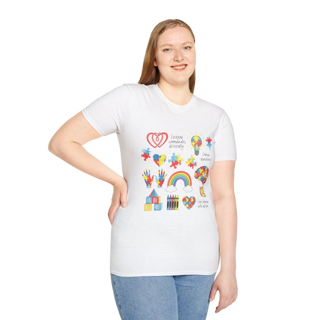 Autism Awareness Icons T-Shirt – Puzzle Heart, Rainbow & Support Symbols