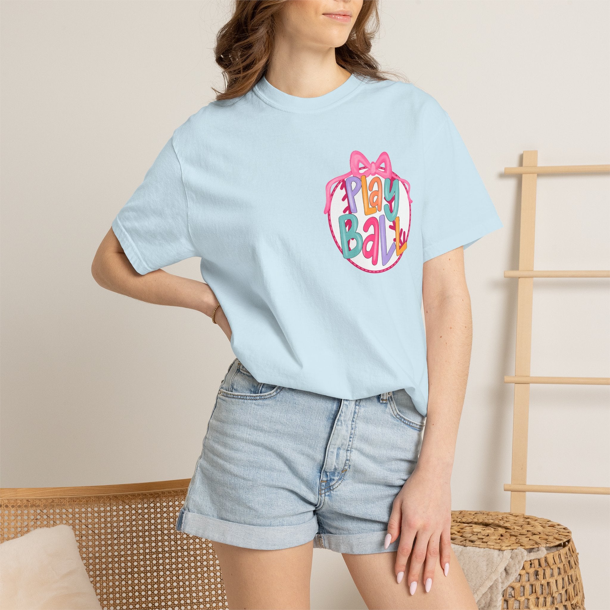 Softball Tee — "Play Ball" Front & "Pitch, Batter, Batter, Swing" Heart Back