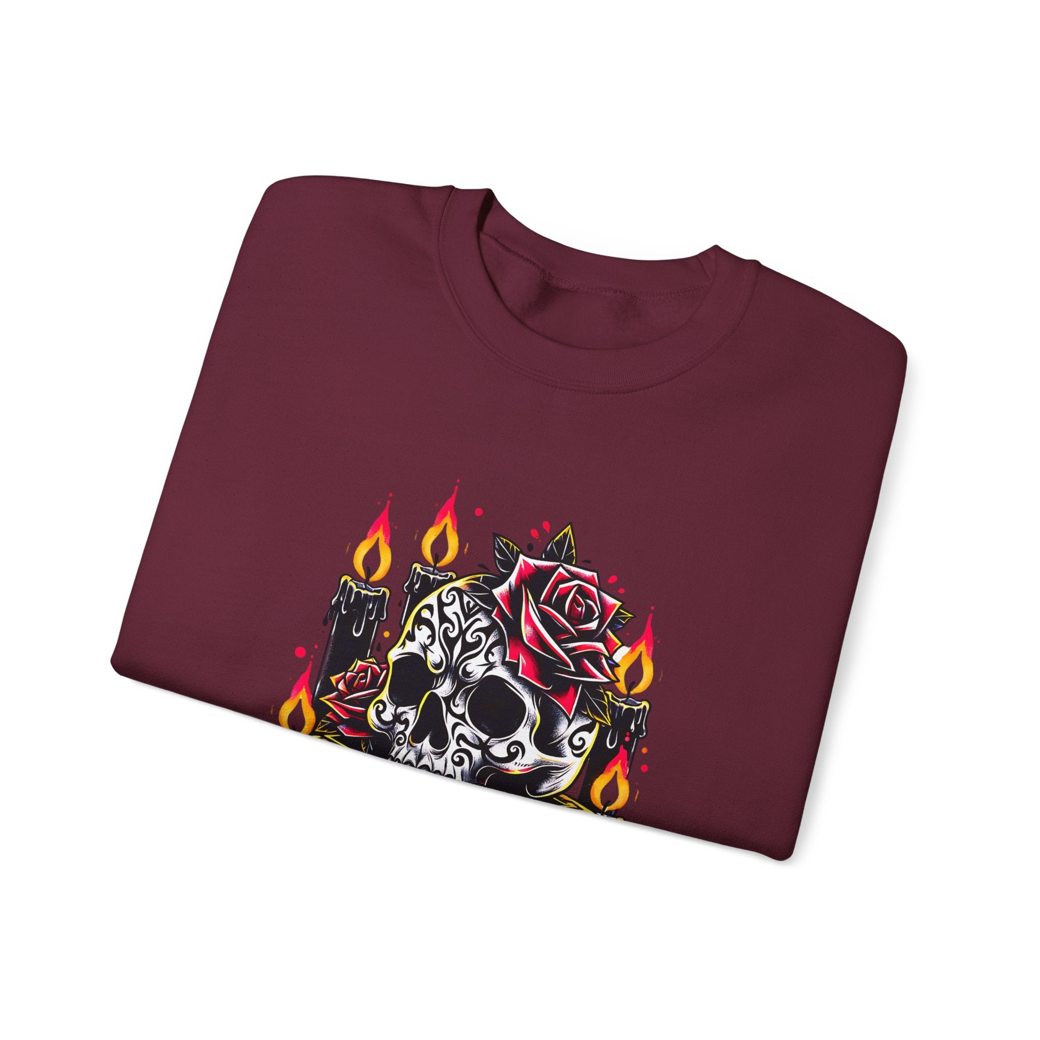 Skull & Rose Candle Crewneck Sweatshirt — Gothic Vintage Tattoo Design