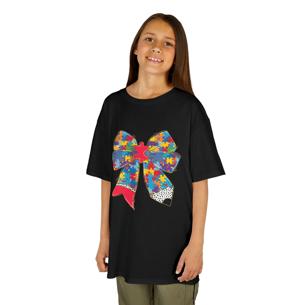 Autism Awareness Puzzle Bow Kids T‑Shirt – Autism Acceptance Gift