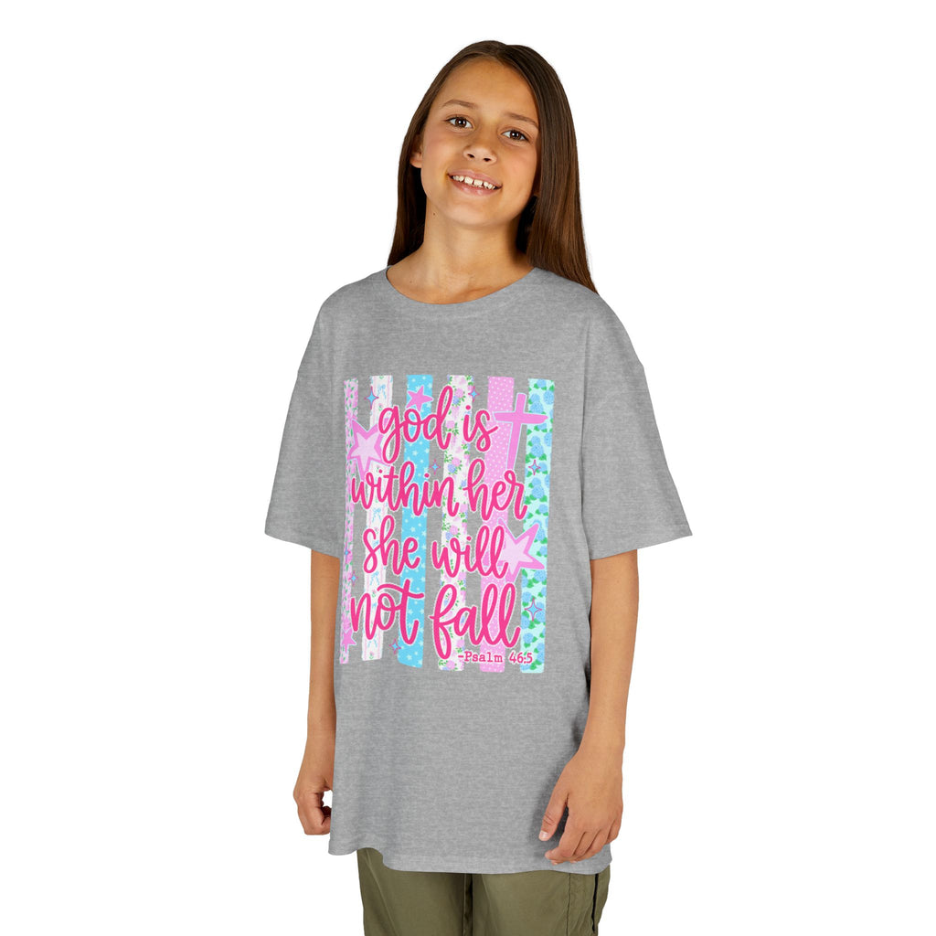 Kids Tee — "God is Within Her She Will Not Fall" Inspirational Girls T‑Shirt (Pink & Pastel)