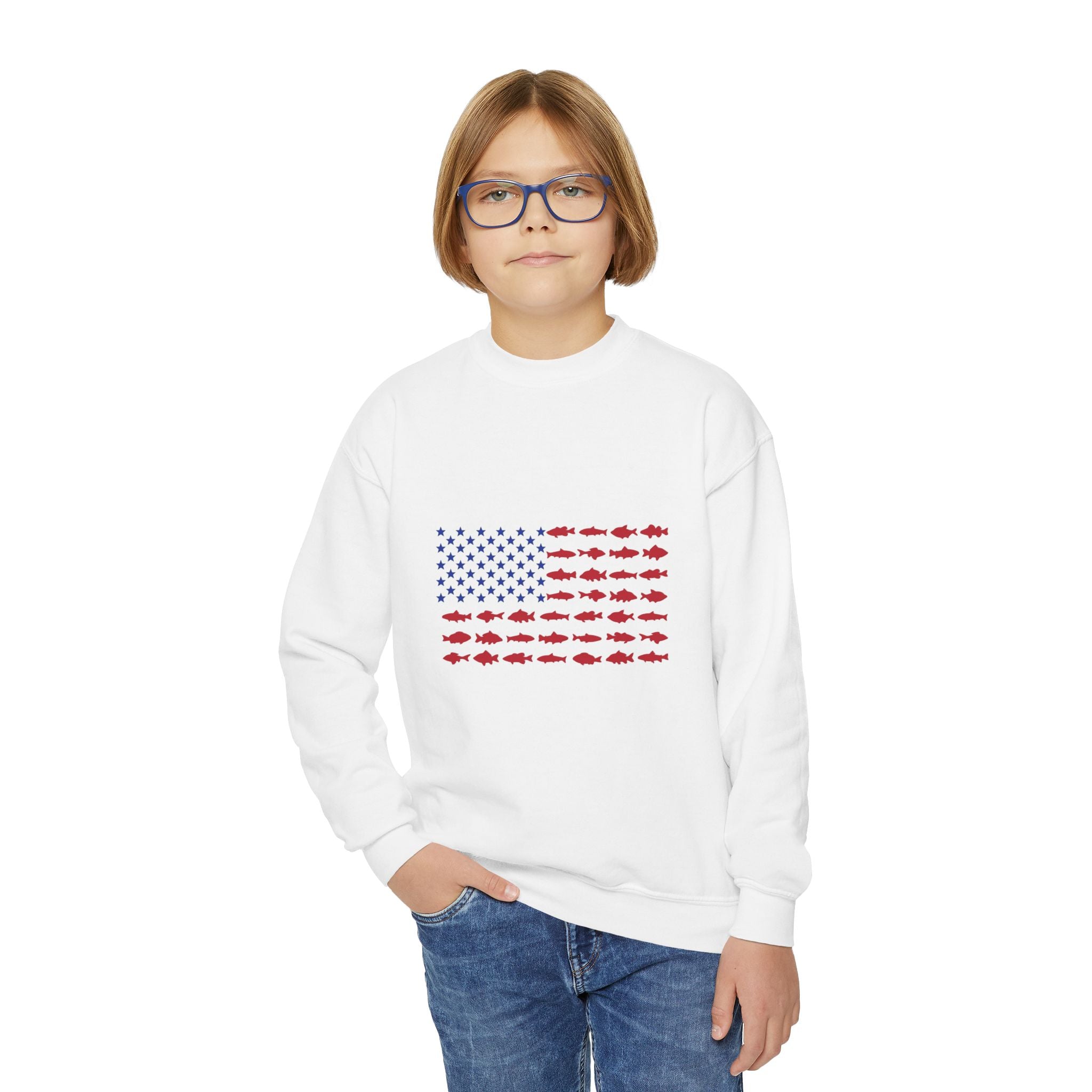 Youth Crewneck Sweatshirt – American Flag Crabs Graphic (Patriotic 4th of July Kids Crewneck)
