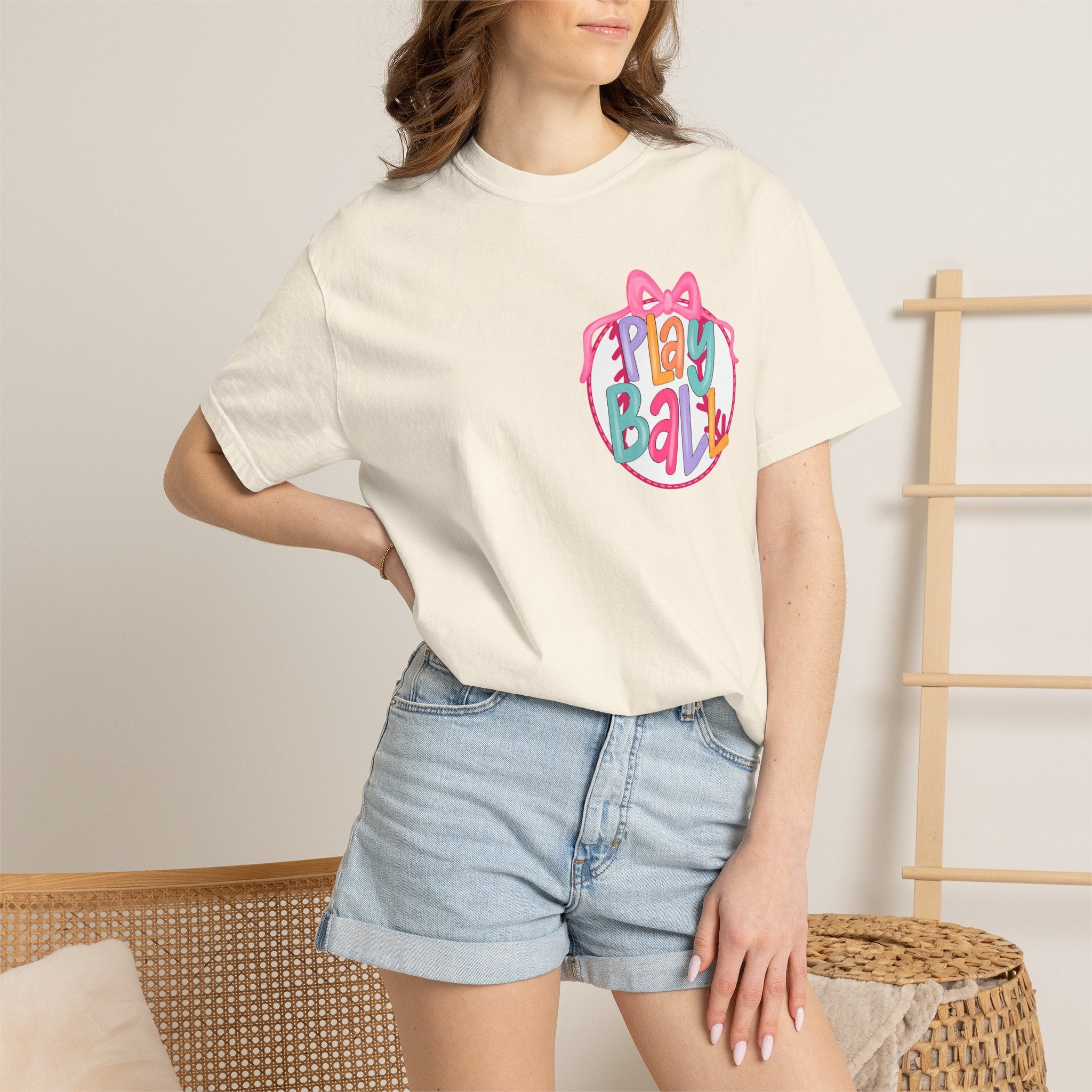 Softball Tee — "Play Ball" Front & "Pitch, Batter, Batter, Swing" Heart Back