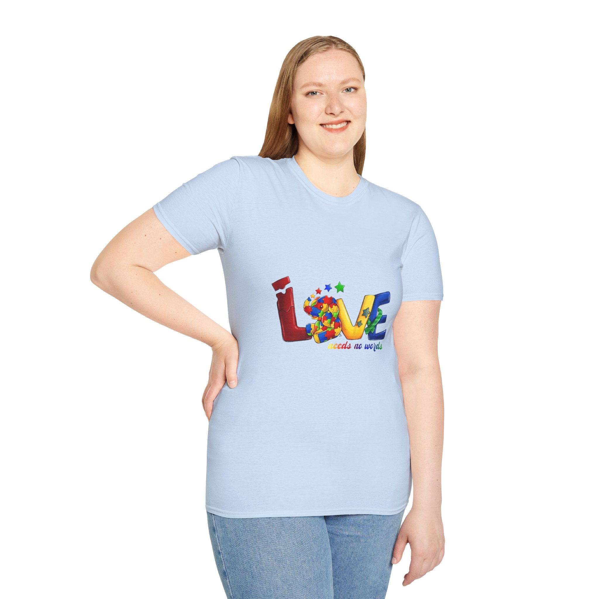 LOVE Needs No Words T‑Shirt — Colorful Puzzle Heart Autism Awareness Tee