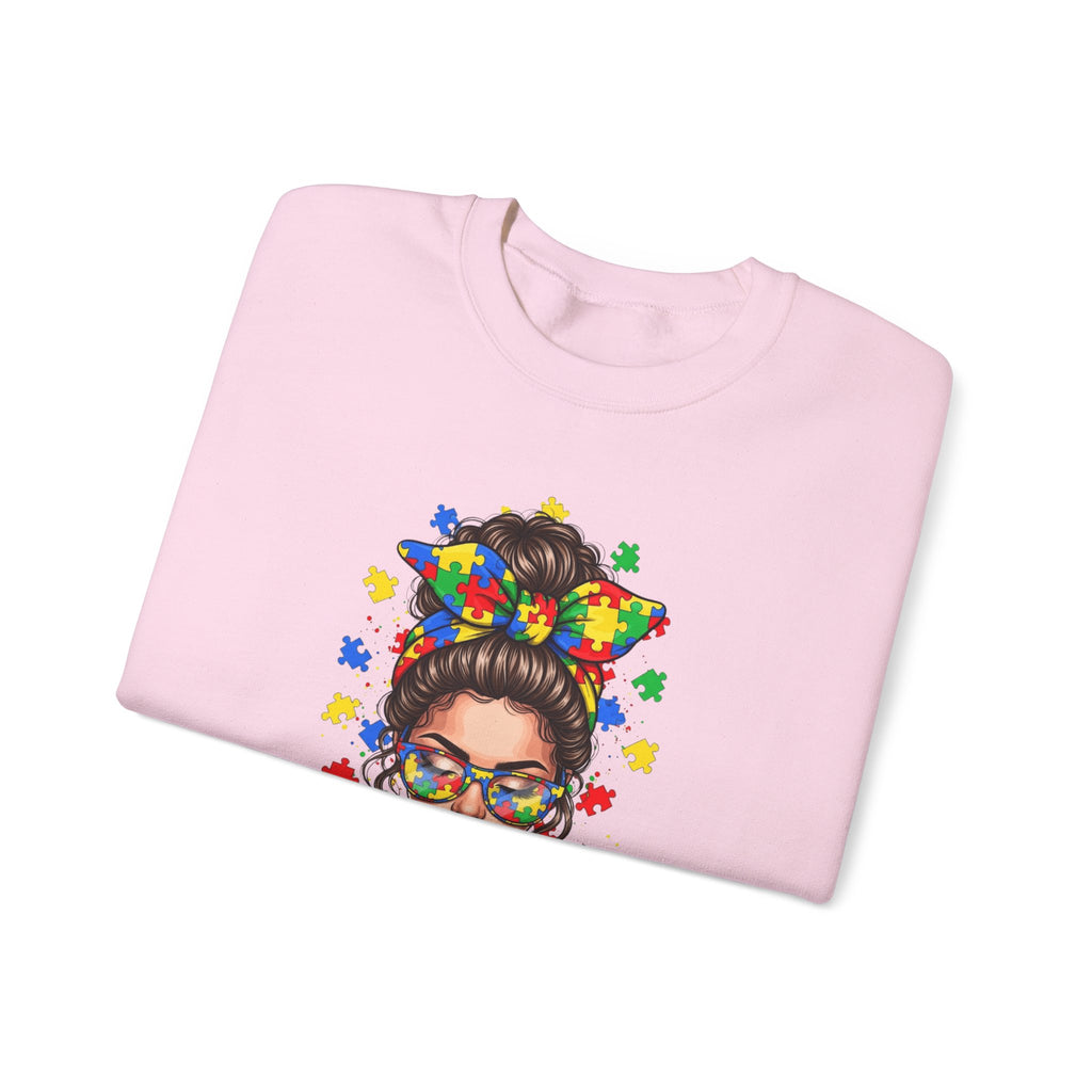 Autism Pride Crewneck Sweatshirt – Colorful Puzzle Ribbon Girl Design