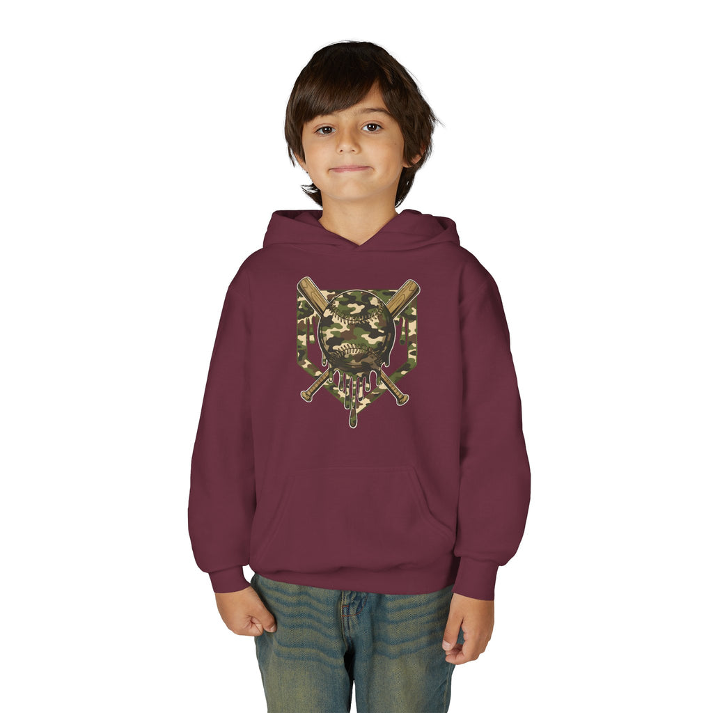 Youth Camo Baseball Crest Hoodie – Camouflage Bat & Home Plate Graphic