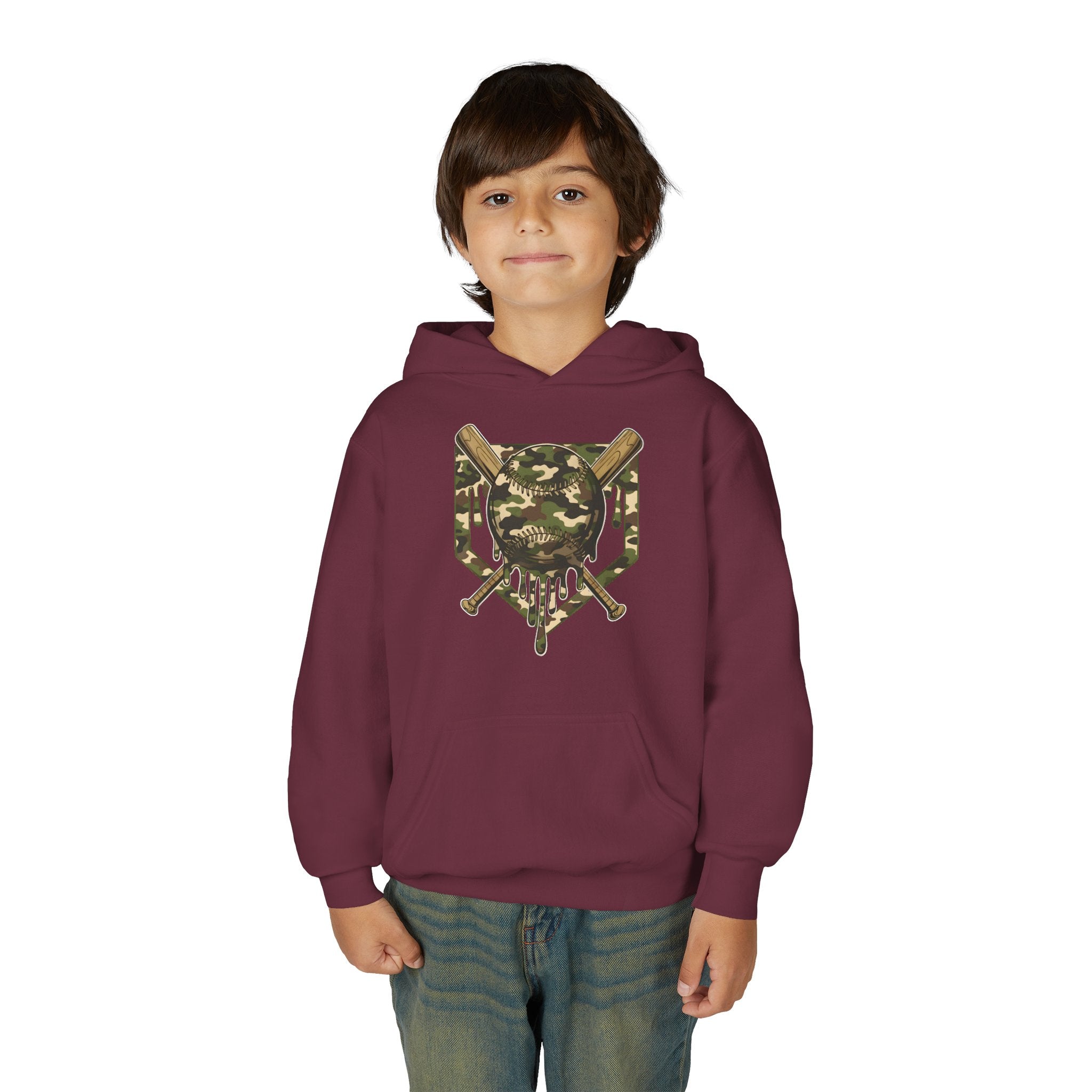 Youth Camo Baseball Crest Hoodie – Camouflage Bat & Home Plate Graphic