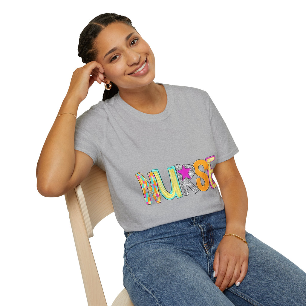 Nurse Colorful Lettering T-Shirt – Playful Scrubs-Themed Tee for Nurses